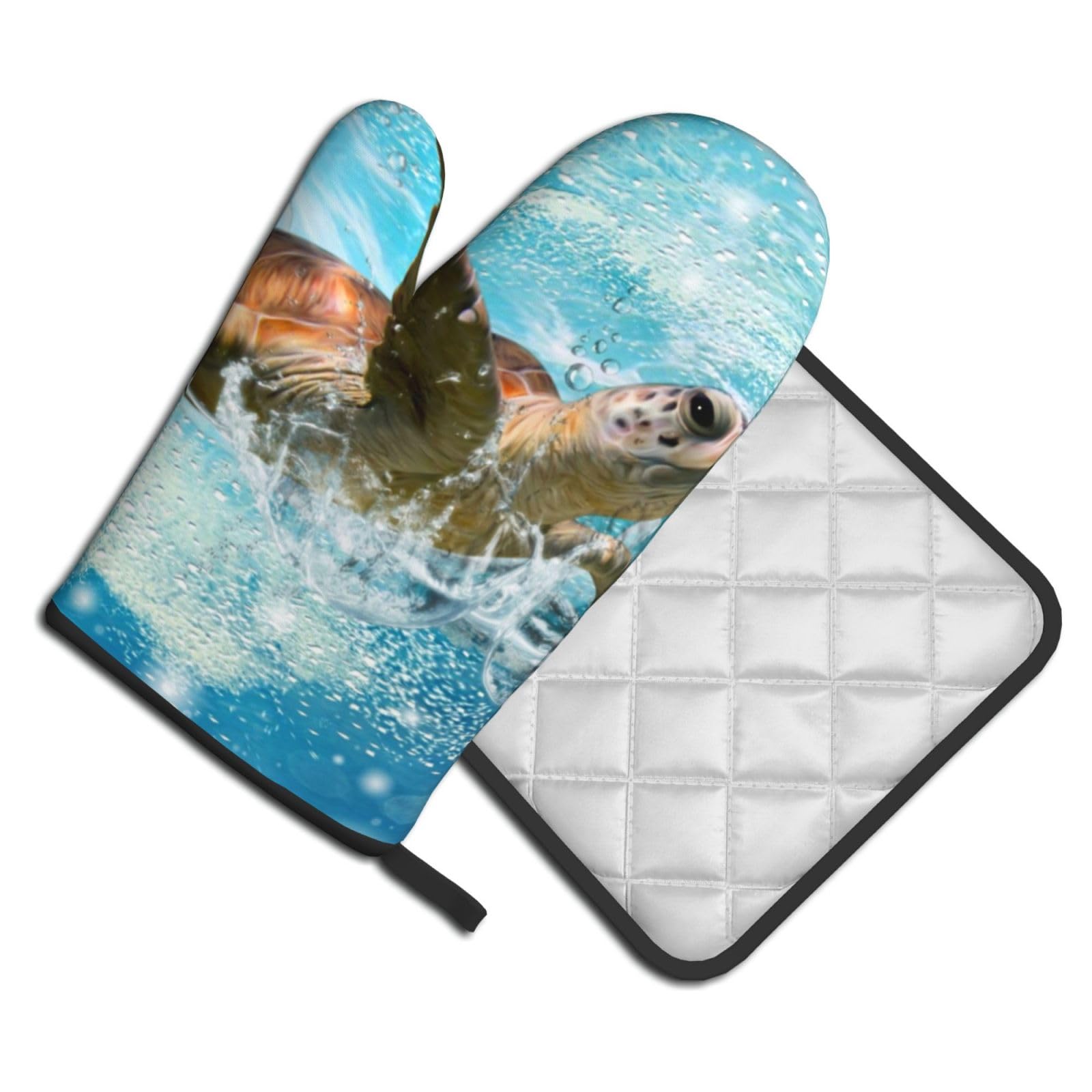 Oven Mitts and Pot Holders Set of 2 Pcs, Sea Turtle Printed Heat Resistant Kitchen Gloves Potholders for Cooking Baking Grilling