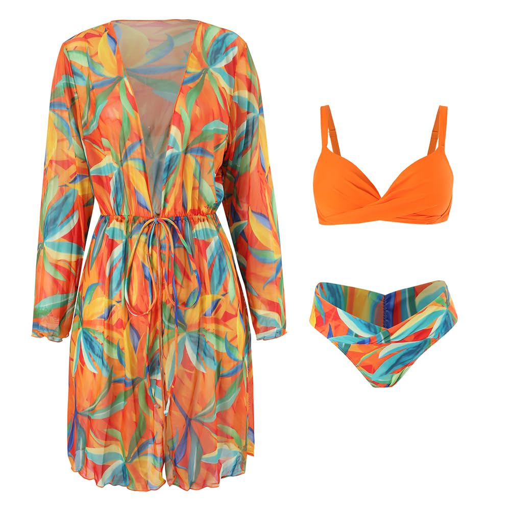 JPXJGT Bikini Swimsuit Women Three Piece Swimwear Beachwear(Size:S,Color:Orange)