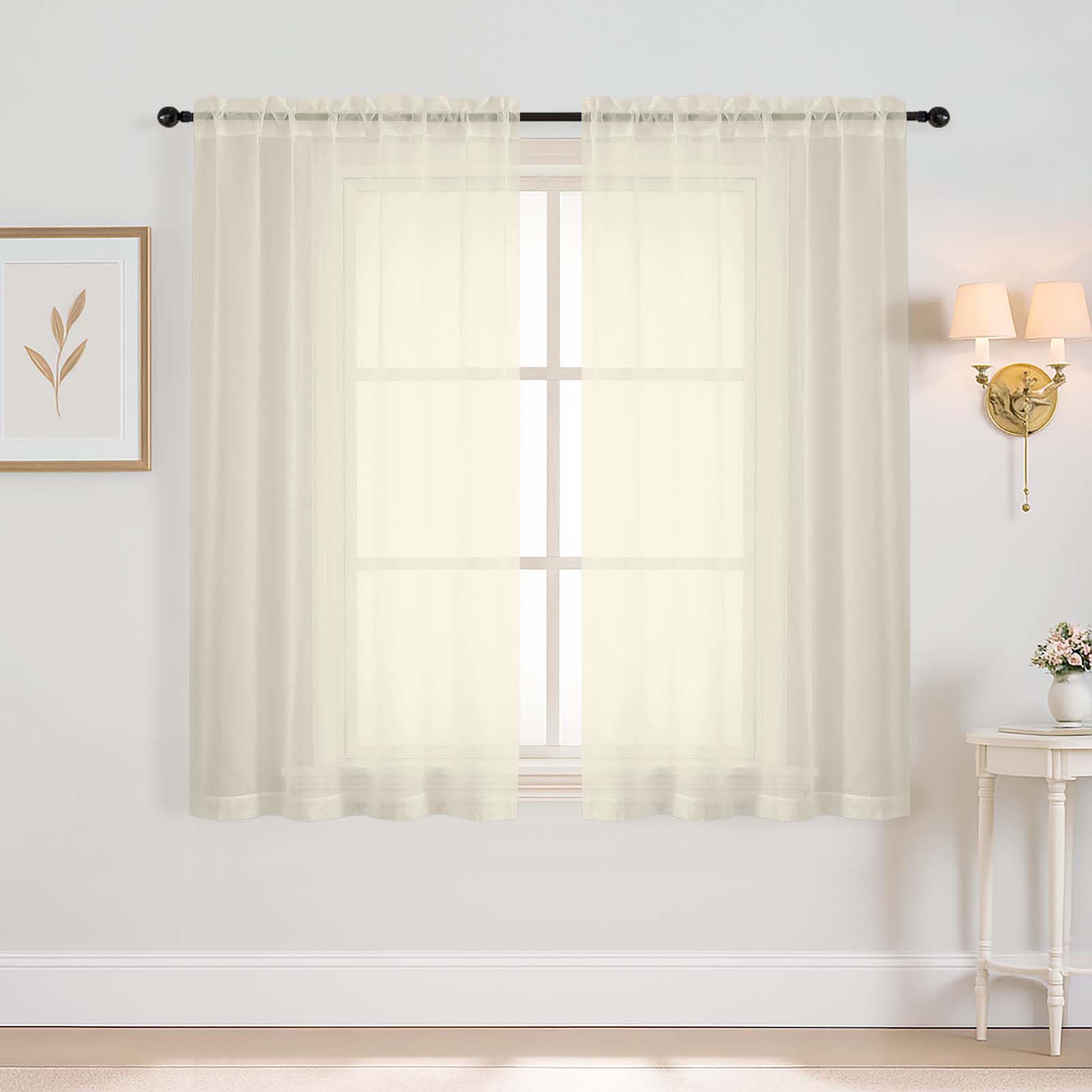 Ebesto Cream Window Sheer Curtains 45 Inches Length, Voile Short Curtains for Living Room Bedroom, Modern Soft Window Drapes 2 Panels Set, Top Dual Rod Pocket Design, 2x42Wx45L Inches