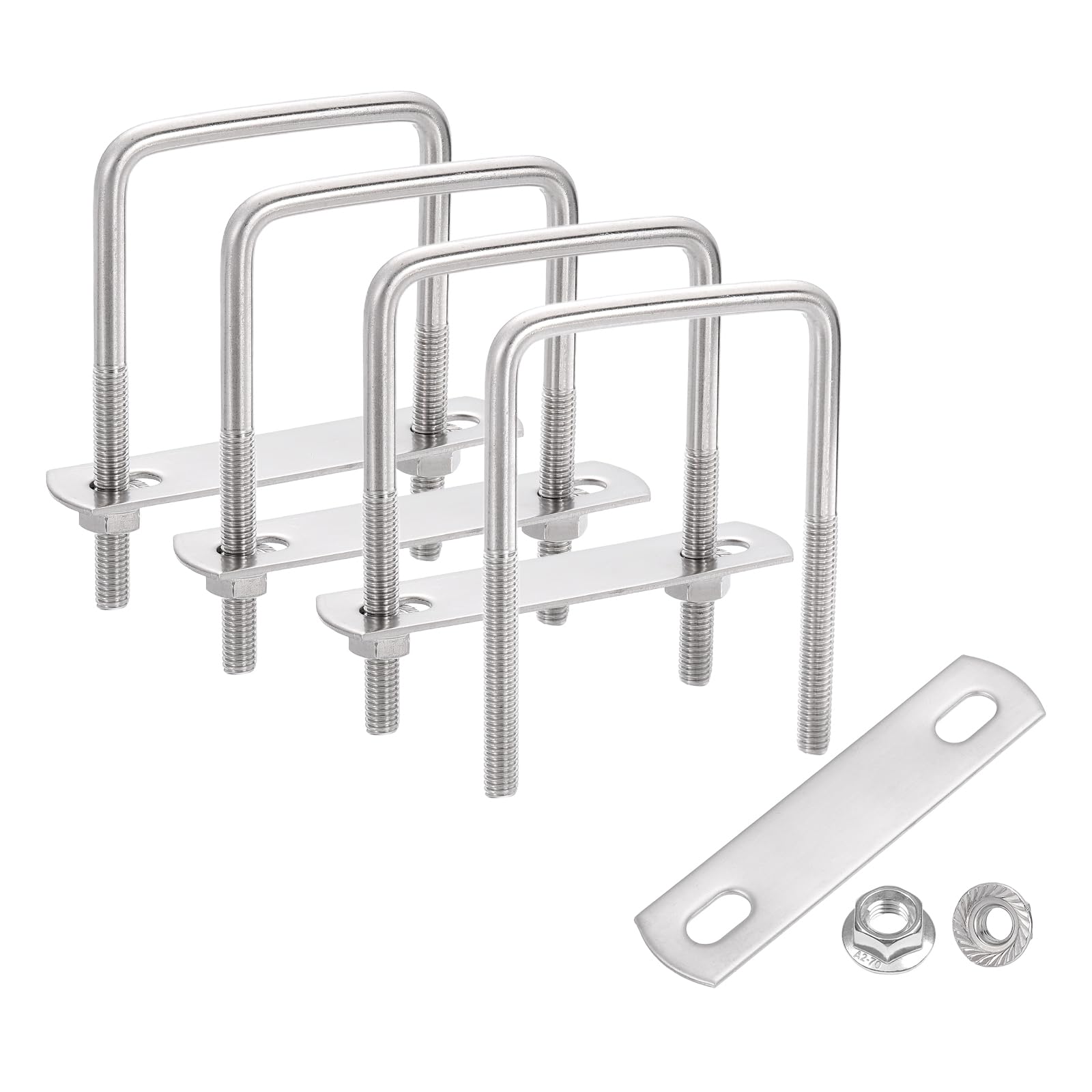 sourcing map 4 Set 2" Inner Wide Square U Bolts, 3-1/8" Length 304 Stainless Steel U-Bolts with Flange Hexagon Nuts, Frame Plates for Trailer, Automotive, (50mm W x 80mm L) — image 1