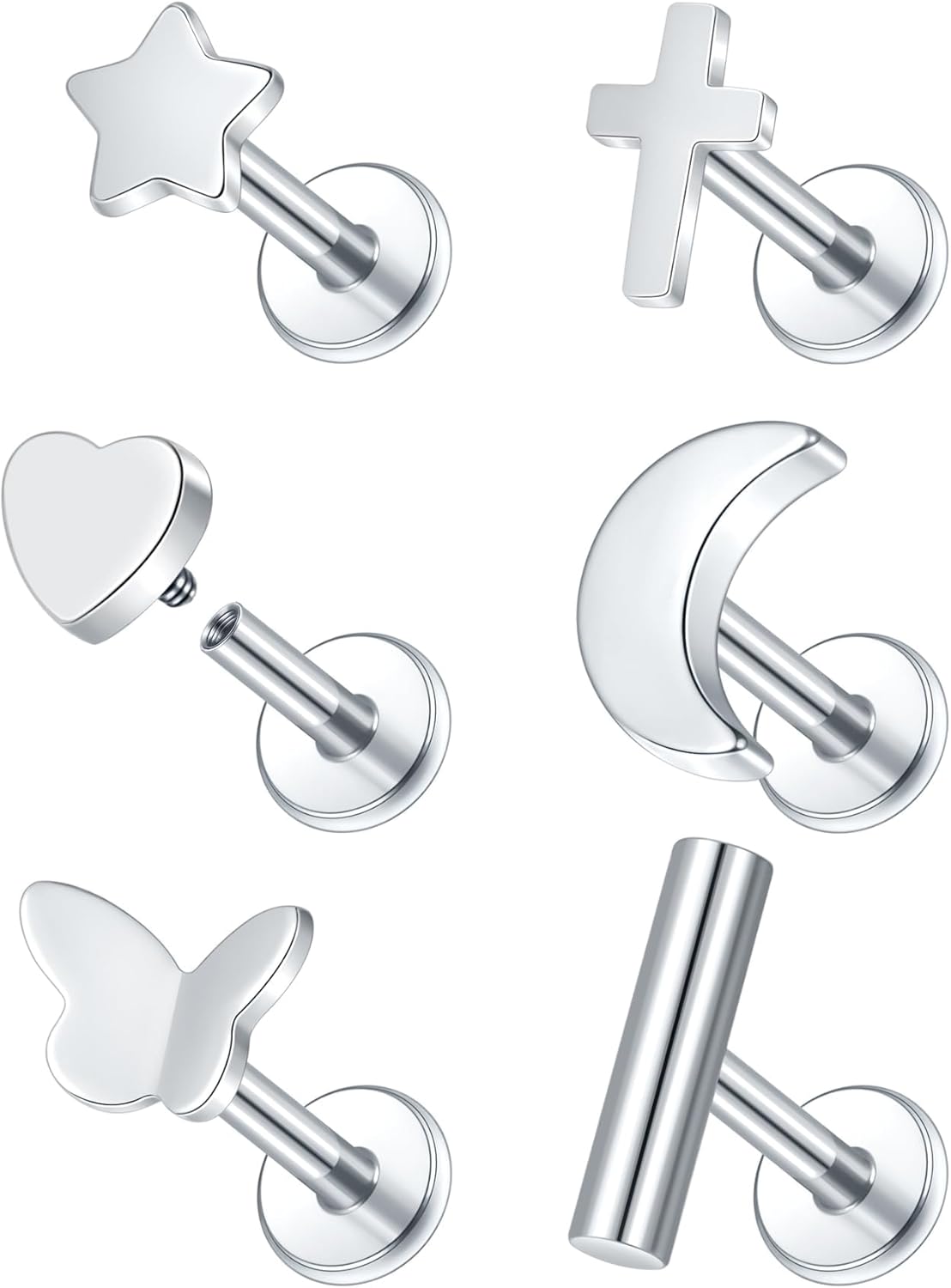 Xpircn Flat Back Stud Earrings 14K Gold Plated Internally Threaded CZ Stud Piercing Jewelry for Tragus Helix Cartilage Conch Nose Hypoallergenic Lip Labret Medusa Piercing 18G 6mm 8mm