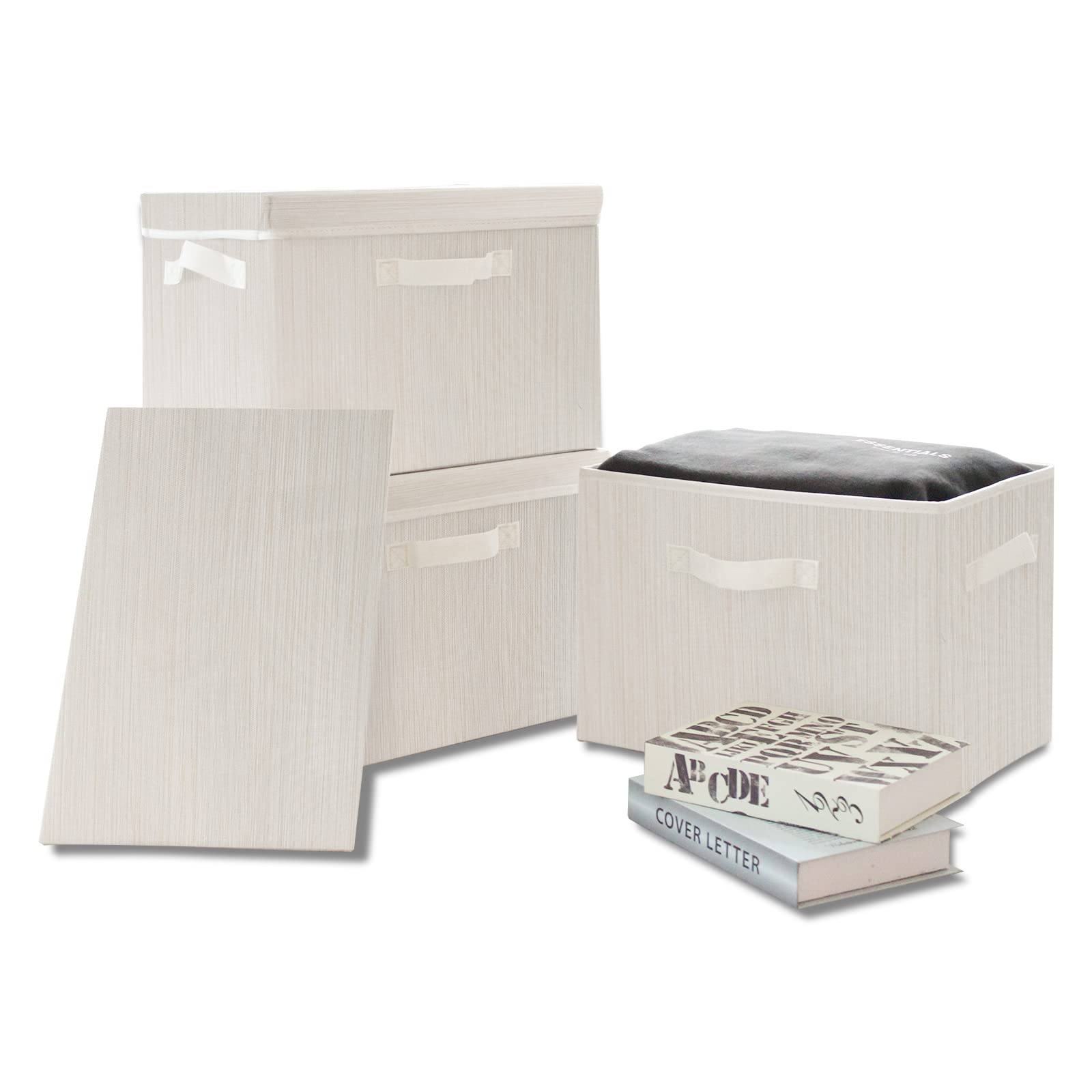 Collapsible Storage Bins with Lids, Slub Fabric Decorative Storage Box with Handles, Sturdy Storage Basket for Clothes,Toys, Books, Storage Organizer for Shelves, 3 Packs (Beige)