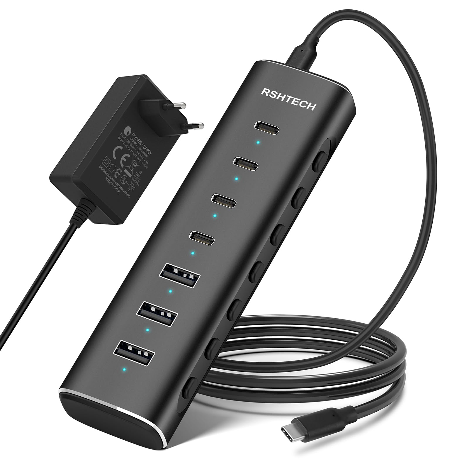 RSHTECH Alle 7 Anschlüsse sind USB-C Hub 3.2 mit Netzteil - Aktiver Verteiler 3.1 - Aktiv Schaltbaerer USB 3.2 Gen 2-4 Type C (10Gbps), 3 Type A (10Gbps) - Mit 12V/3A Netzteil Adapter, 1M Kabel