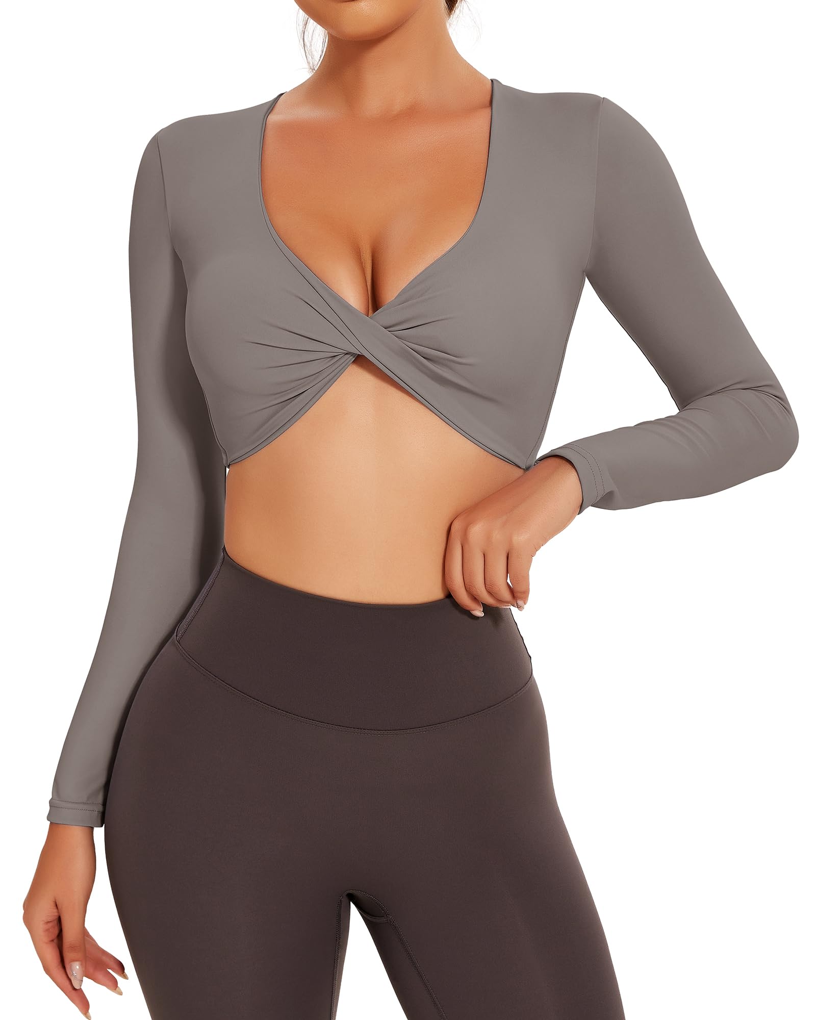 FITTOO Long Sleeve Crop Tops for Women Twist Deep V Workout Padded Top Yoga Gym Cropped Shirt
