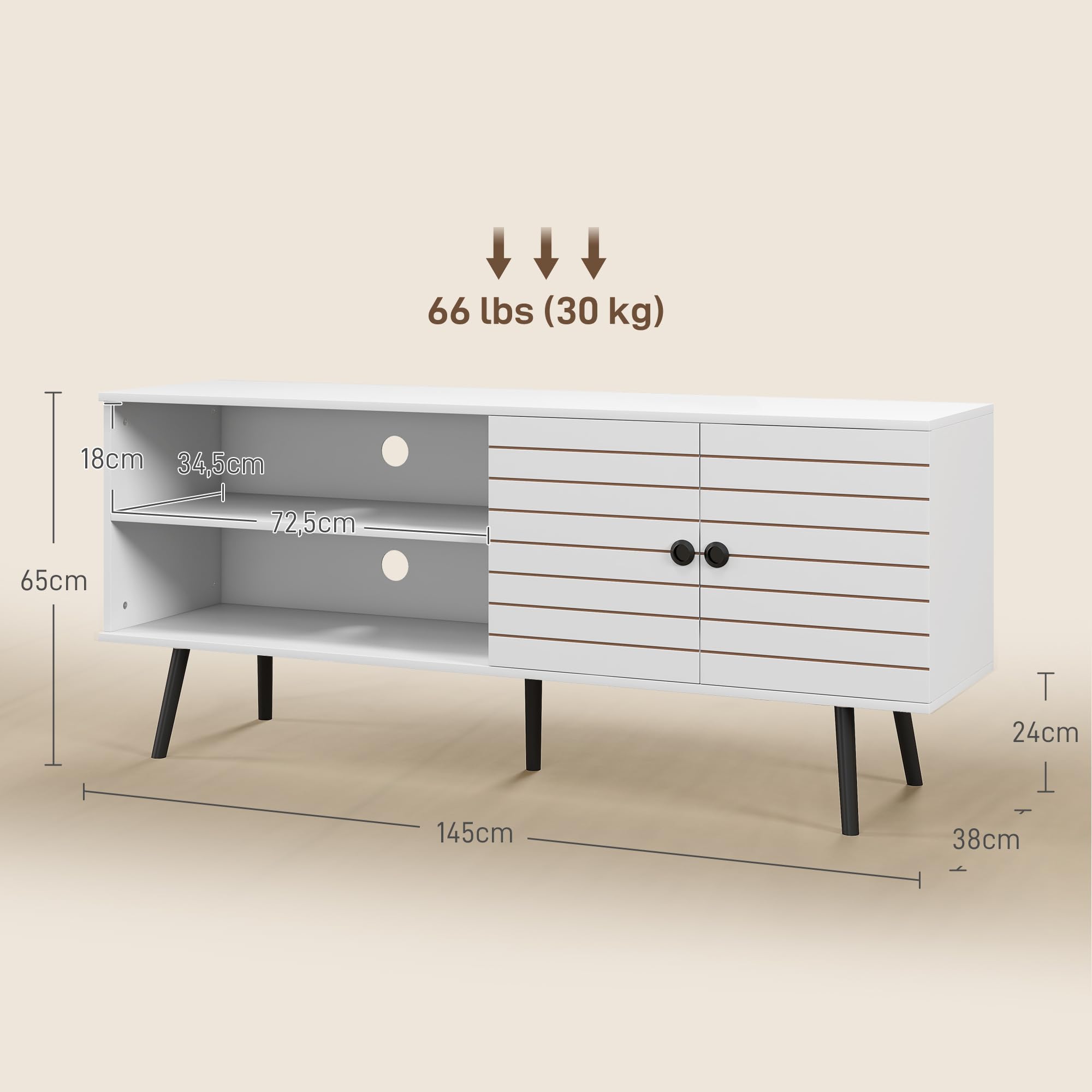 HOMCOM Mueble de TV para Televisores de 65 Pulgadas 145x38x65 cm Blanco | para Salón, Mesa para Televisores, Mueble para TV Moderno, 2 Estantes Abiertos, 1 Estante Ajustable, 55 Pulgadas