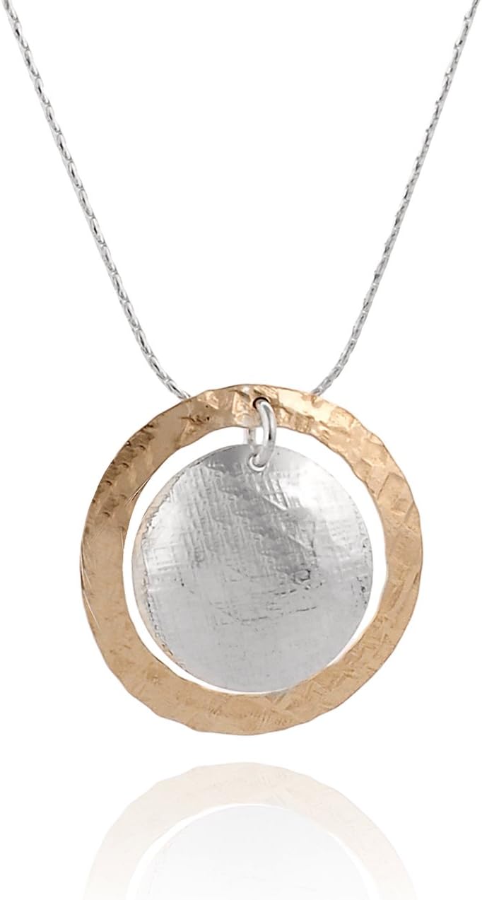 Silver & 14k Gold Filled Hand Hammered Circle and Disc Pendant Necklace, 18 + 4 Inches
