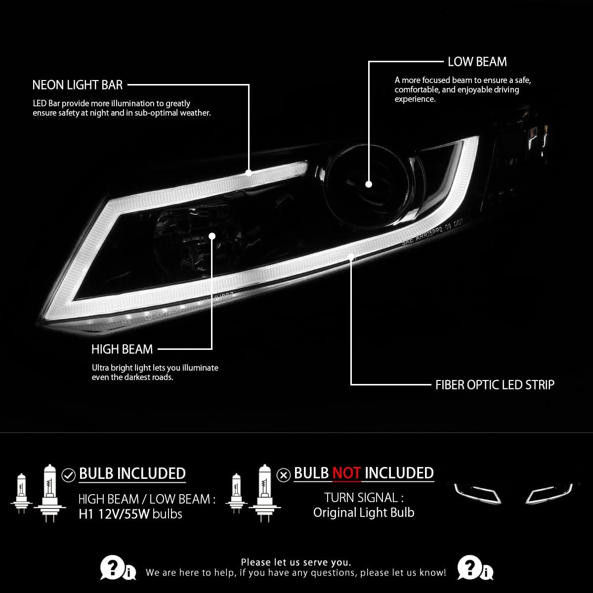 Autozensation Compatible with 2012-2013 Honda Civic Coupe, 2012-2015 Honda Civic Sedan, Left + Right Pair Headlamps Assembly, Glossy Black Smoke Projector Headlights W/LED Light Bar