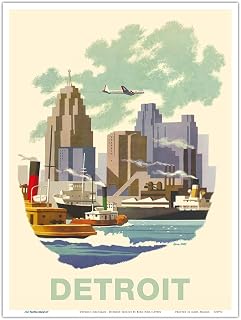 Detroit Michigan - Skyline - Vintage Airline Travel Poster by Bern Hill c.1950s - Master Art Print (Unframed) 9in x 12in