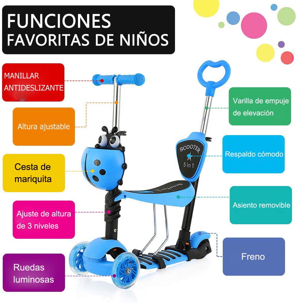 YOLEO Patinete para Niños 5-en-1, Patinete 3 Ruedas LED Parpadeantes, Scooter para Niños con Manillar Ajustable Asiento Extraíble de 2 a 8 años, Carga Máxima de 50 kg