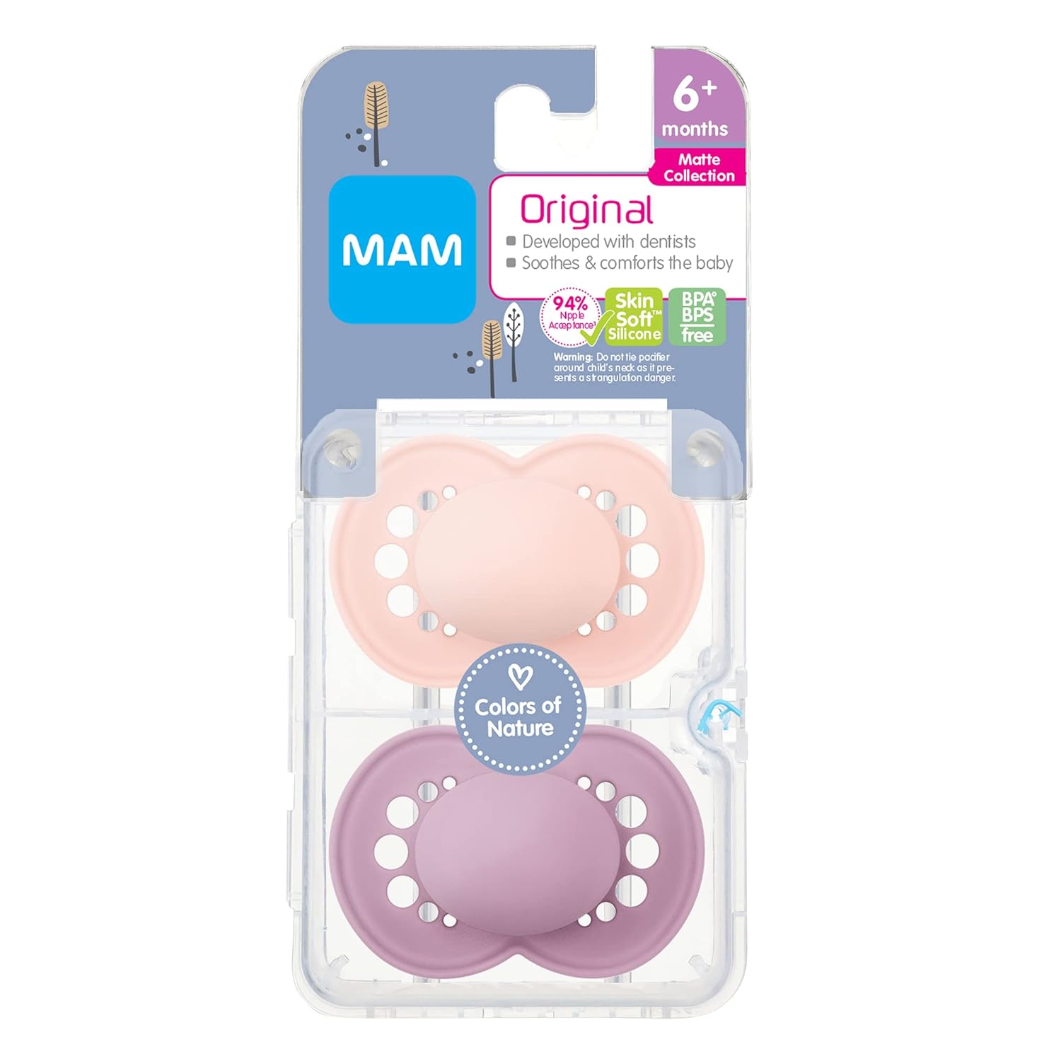 MAM Original Matte Baby Pacifier, Nipple Shape Helps Promote Healthy Oral Development, Sterilizer Case, Girl,6-16 Months(Pack of 2) : Baby