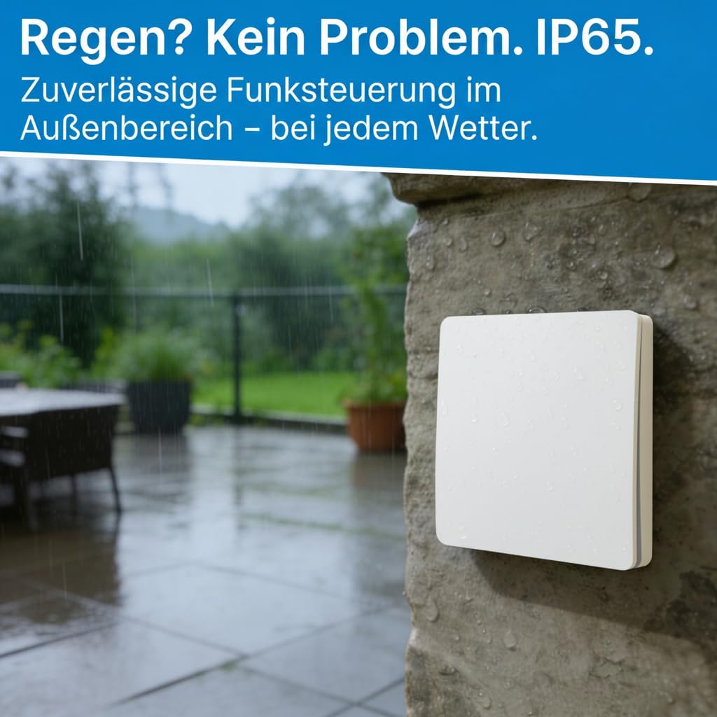 Funklichtschalter Set Outdoor batterieloser Schalter IP65 & smarter Kompakt-Empfänger auch über tuya App sowie Amazon Alexa und Google Home steuerbar (weiß)