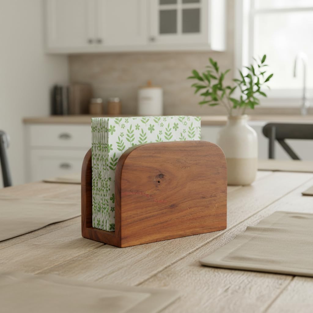 Wooden Napkin Holder for Table, Acacia Wood Napkin Dispenser for Kitchen Dining Farmhouse Cocktail Hotel Bar Rustic Wood Holder for Paper Mail Bills, Suitable for Dining Room Home Decors Pack Of 1 pcs