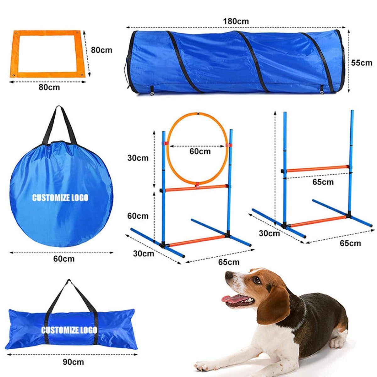 Hunde-Agility-Trainingsgeräte-Set, Hunde-Agility-Hindernistrainingskurse-Kit mit Hundetunnel, Agility-Webstangen, verstellbare Hürden