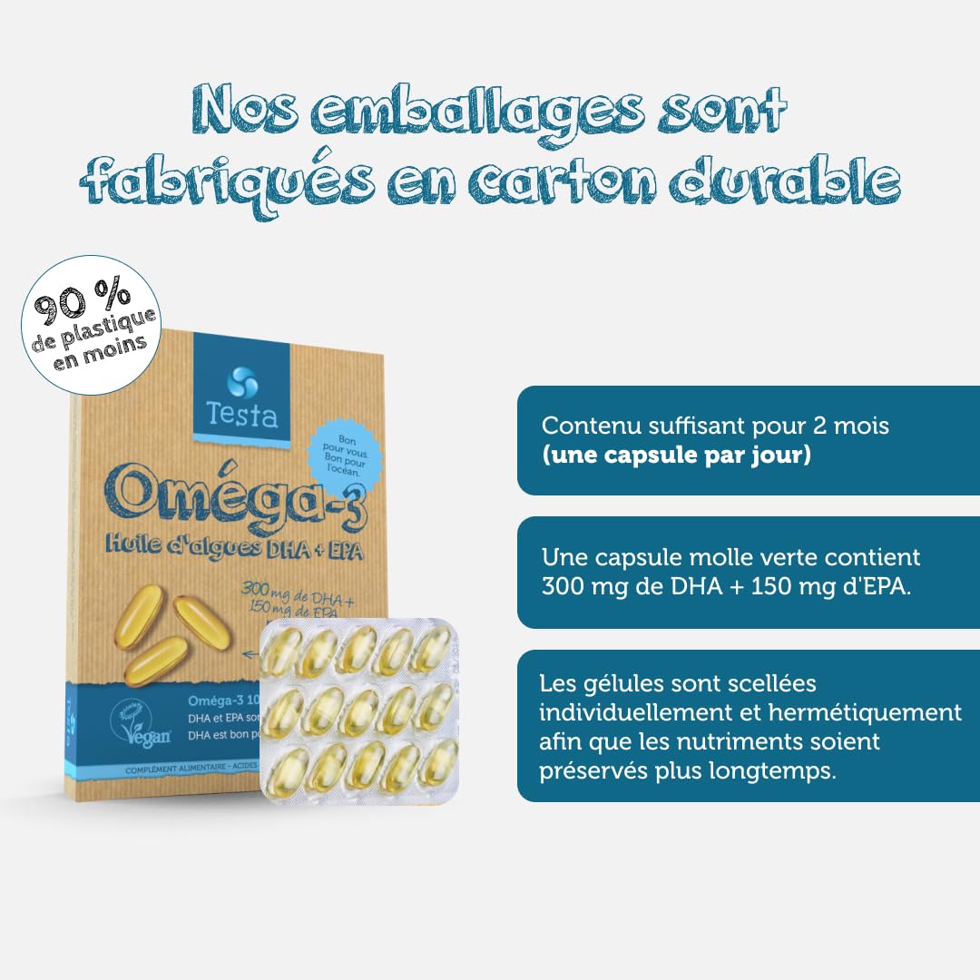 Omega 3 Vegan - Huile d'Algue haute concentration - 300 mg DHA + 150 mg EPA par capsule - Bénéfique pour le Cœur, le Cerveau et les Yeux - 100% Végétal - 60 capsules (2 Mois)