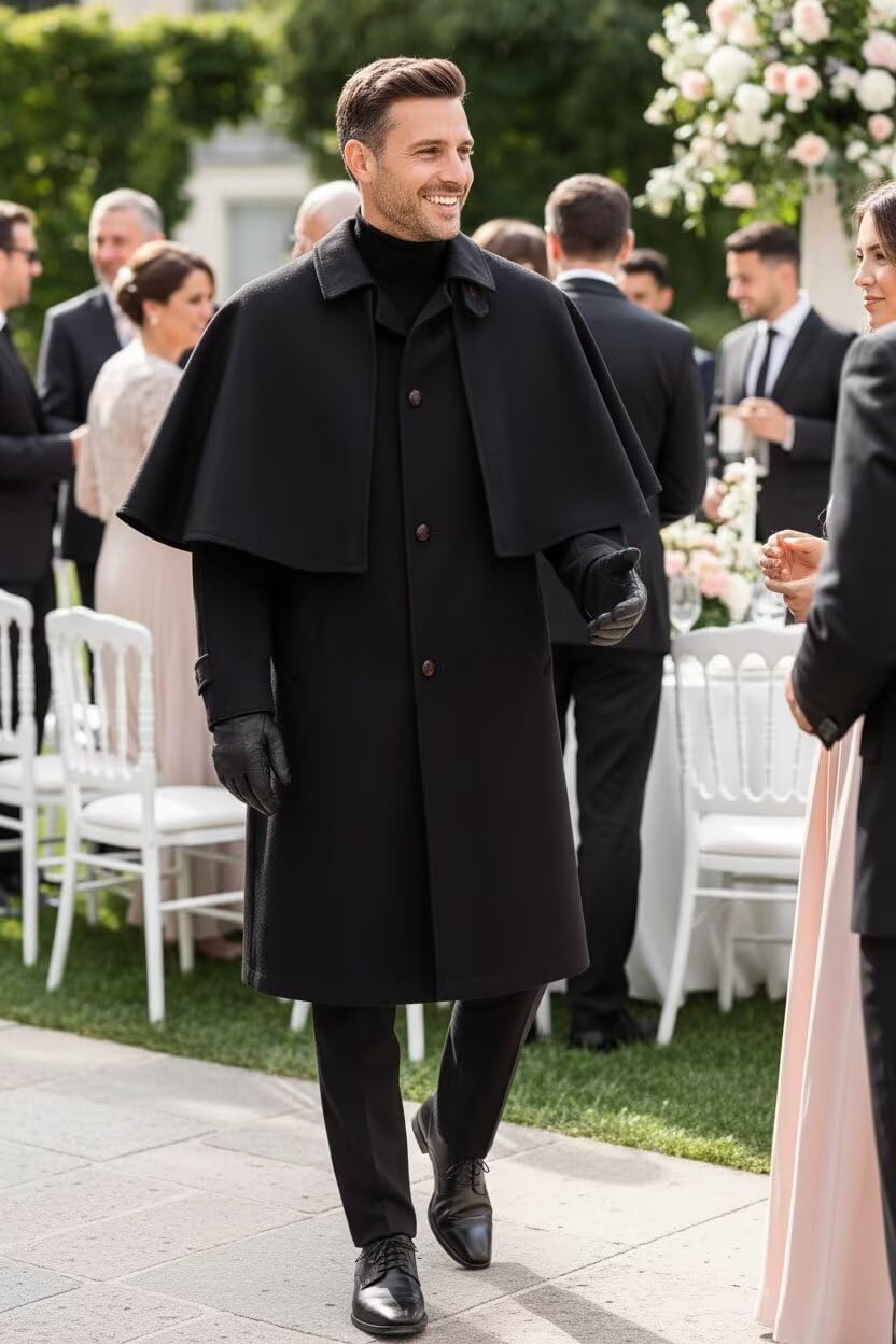 Mens Overcoat with Cape Wool Blend Overcoat for Men Casual Notched Collar Winter Long Trench Coat