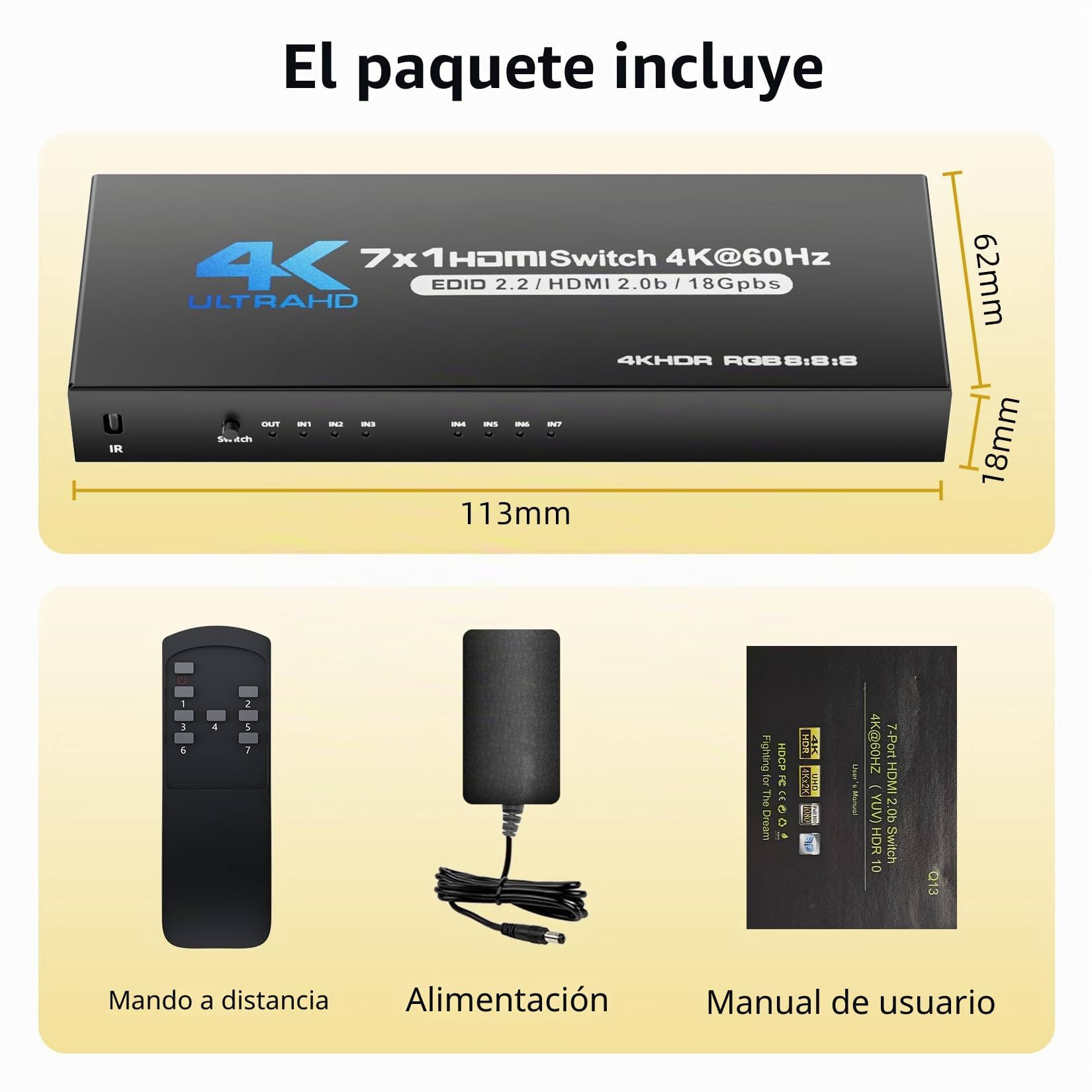 BolAAzuL - Conmutador HDMI 7 en 1, 4K a 60Hz, expansor de puerto HDMI, selector de video con control remoto, 7 entradas, compatible con 3D, HDCP2.2, HDR para PS5, Xbox, Series X, HDTV, PC