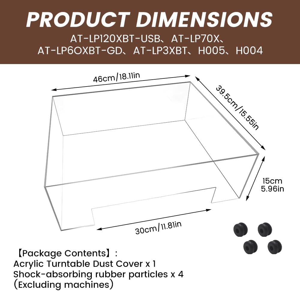 Universal Turntable Dust Cover, Clear Acrylic Protector with Rear Cable Access - No Hinges Needed, Fits Most Record Players Under 18.1"x15.5"x5.9"