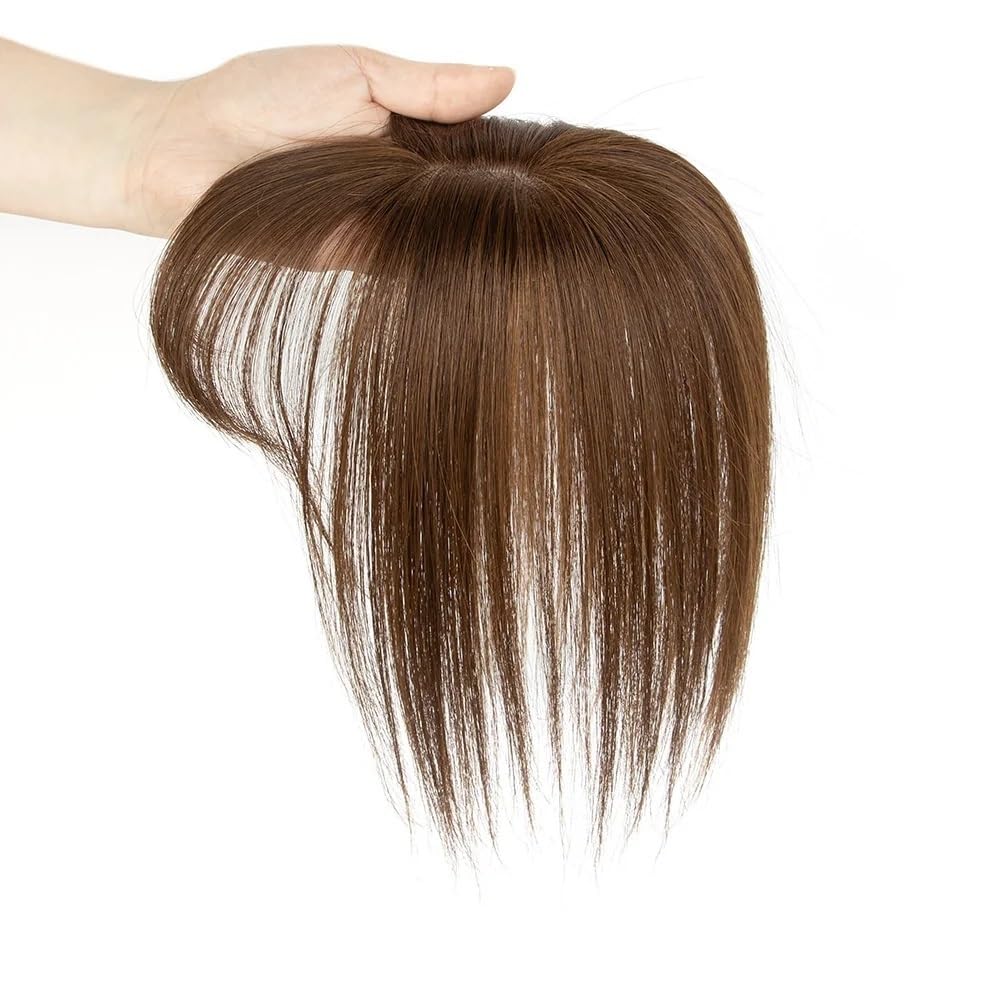 5x9cm Basis-Haarteile, Echthaar-Topper for Damen mit Pony for dünner werdendes Haar Flauschigs und Natürlich(Light Brown,8inch)
