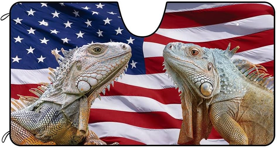 Funny Iguana Couple Windshield Sunshade for Car SUV Truck 4Th of July US American Flag Car Front Windows Sunshade Sun Visor Protector 51 X 26.8 Inch