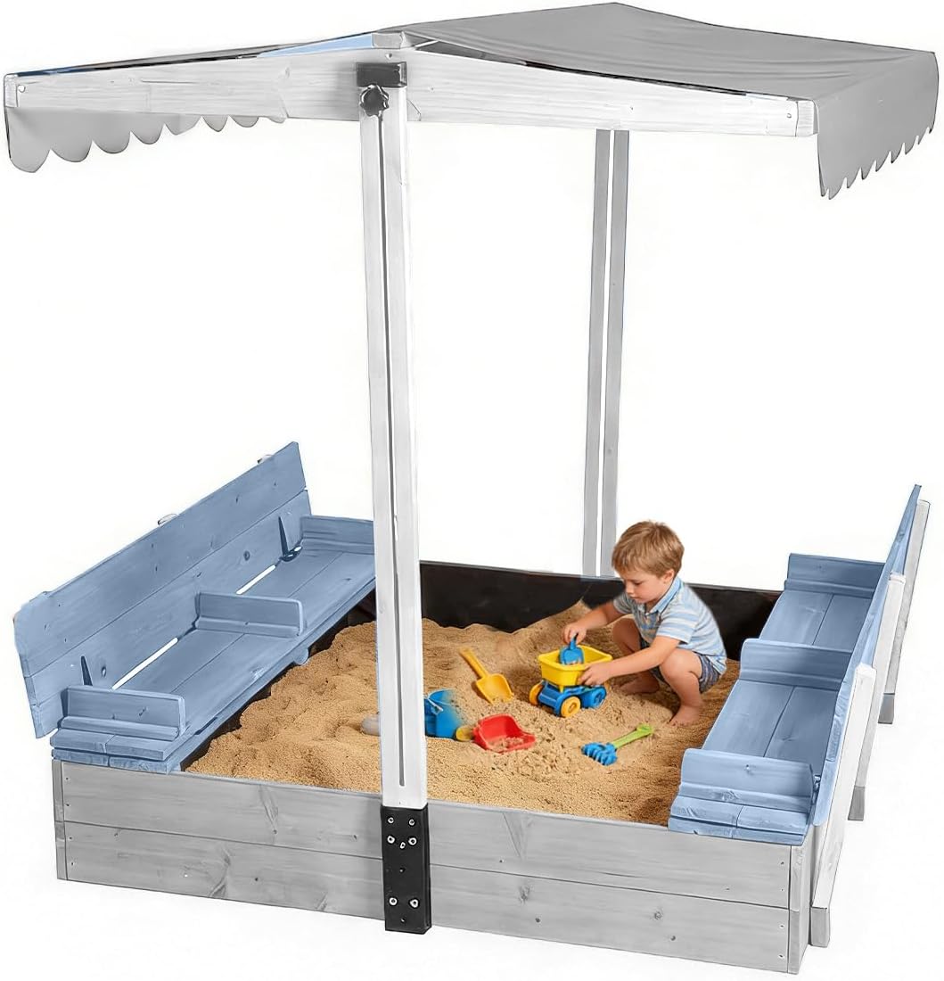 Sandbox with Lid Outdoor Sandboxes with Cover Wooden Foldable Bench Seats with Canopy for Kids Large Sandy Box with Adjustable-Height Roof 47.2" L × 47.2" W (Blue)