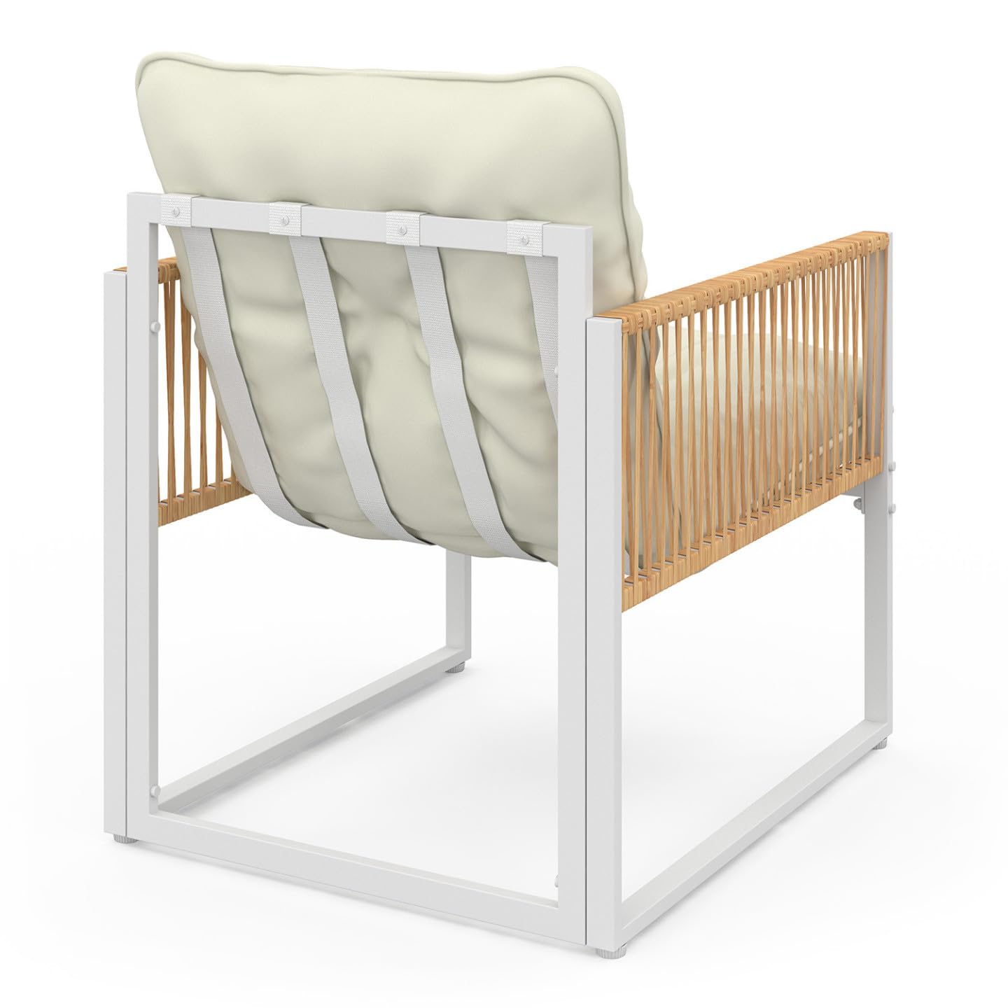 IDMarket - Juego de muebles de jardín bajo Rio de 8 plazas, estructura de metal blanco y cuerda efecto ratán con cojines beige