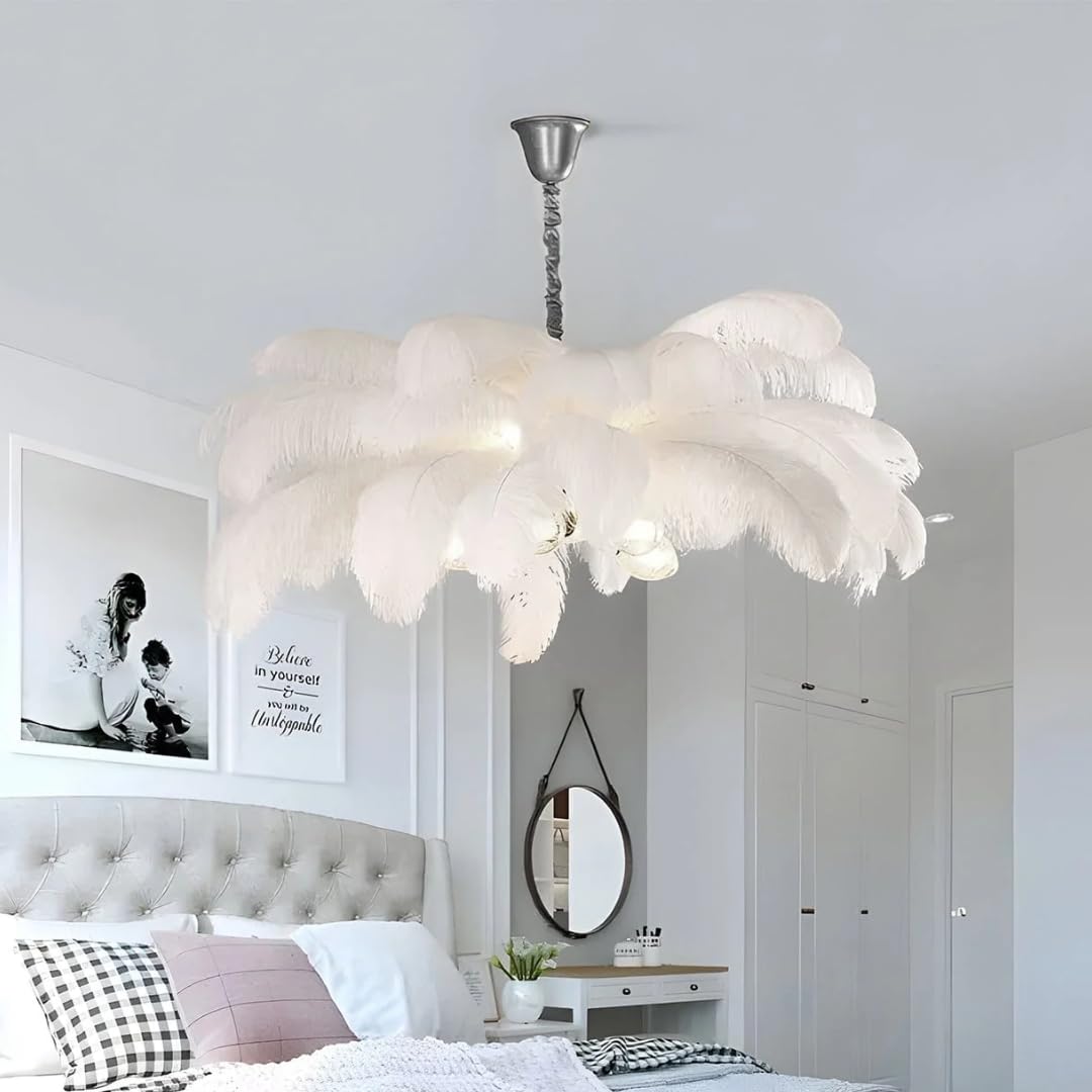 Harold Electricals Modern White Ostrich Plumes Chandelier |Creative Feather Dulight Ceiling Pendant Light for Bedroom Living Room Dining Area Café Hotel Photography Prop -Bulb Included-image-15