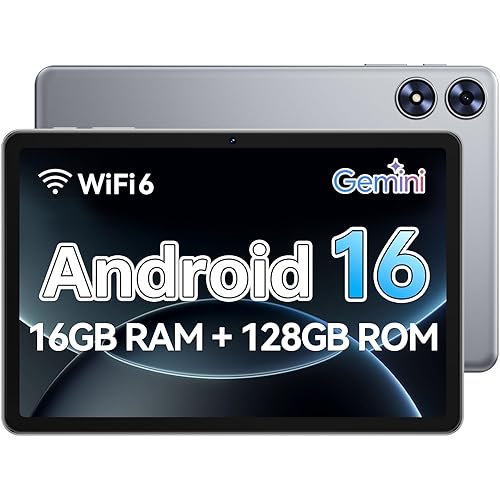 Tablet 10 inch, Android 16 Tablet with Octa-Core Processor, 16GB RAM 128GB ROM 1 TB Expandable, 1280x800 IPS Touch Screen, GPS, 8H Battery, WiFi 6, BT 5.0, 2MP+8MP Dual Camera (Blue) (Gray)