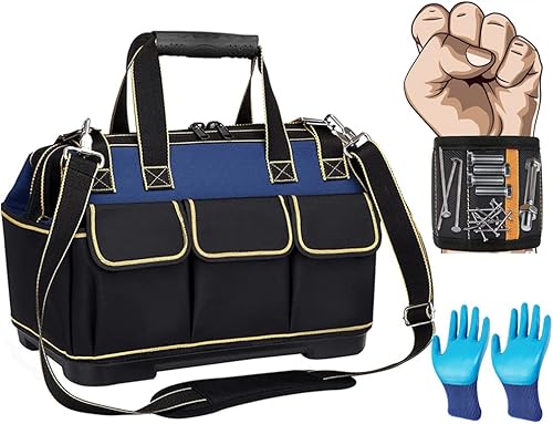 Bolsa de herramientas grande de 17 pulgadas + pulsera de herramientas + guantes de herramientas, bolsa de almacenamiento de herramientas de 16