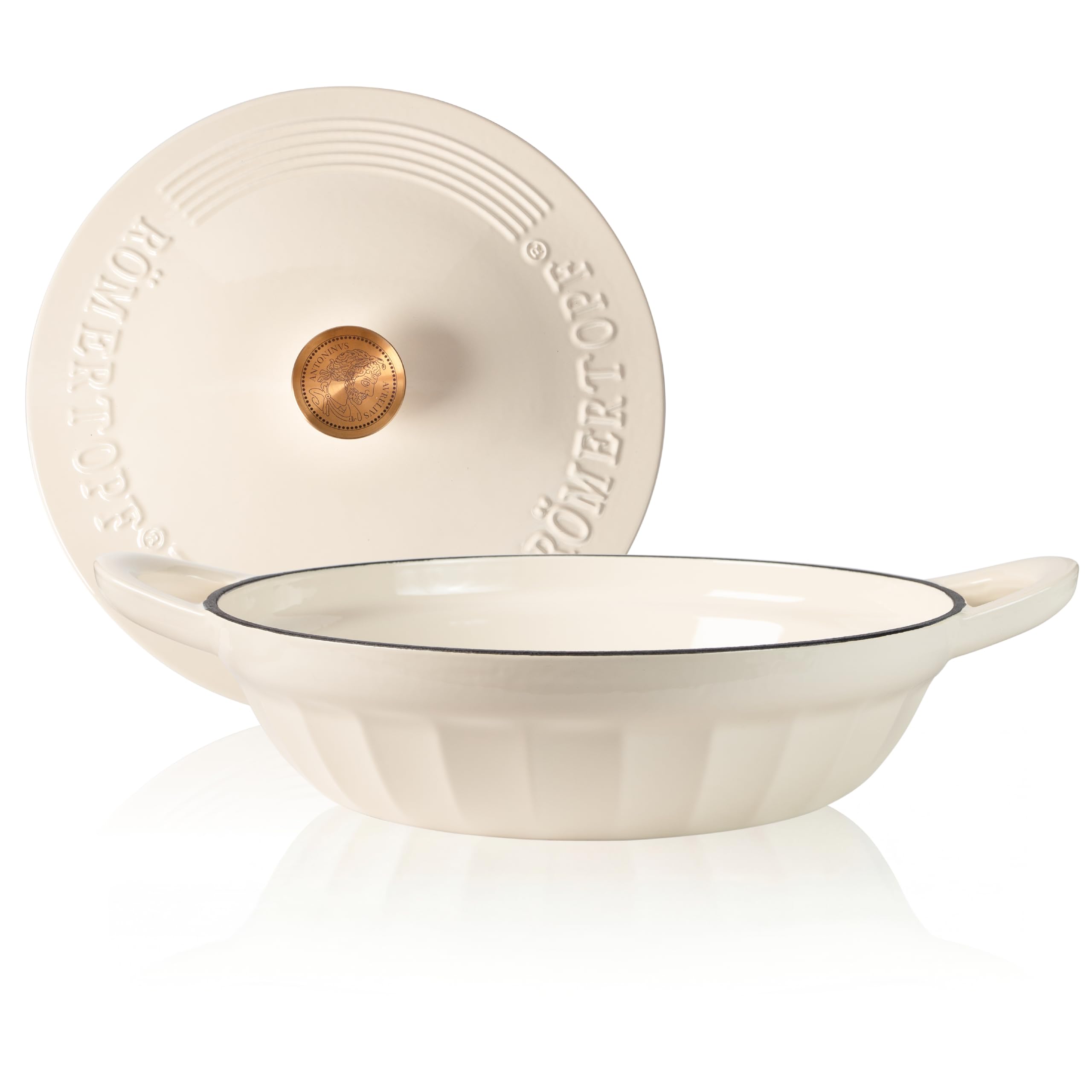 Römertopf Schmorpfanne Gusseisen 28 cm 2,4 L mit Deckel, Creme | Sautépfanne zum Anbraten und Schmoren, alle Herdarten inklusive Induktion, ofenfest 250 °C, PFAS-frei