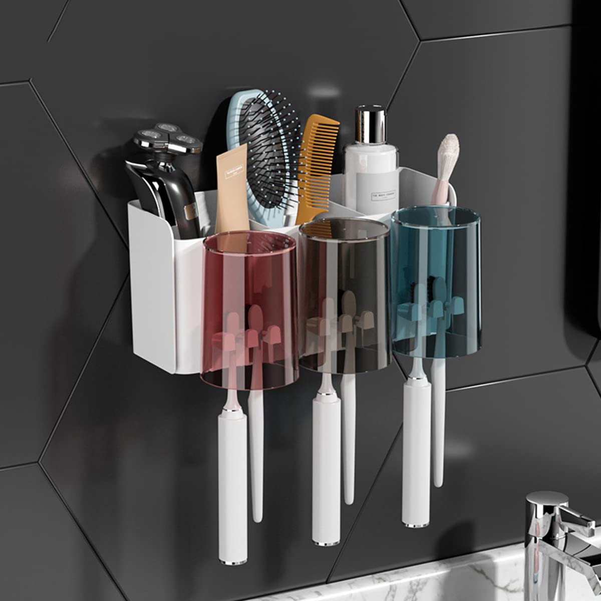 IBAMA 3 Cups Wall Mounted Toothbrush Holder Set, Bathroom Toothbrush Holder with 3 Classification Storage Compartments -Storage Rack Bathroom Accessories