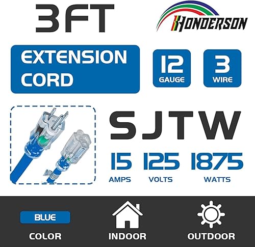 Miniatura 89 de Cable de extensión iluminado para exteriores 12/3 de 6 pies, calibre 12, 3 puntas, SJTW, resistente cable de extensión rojo neón con enchufe de 3
