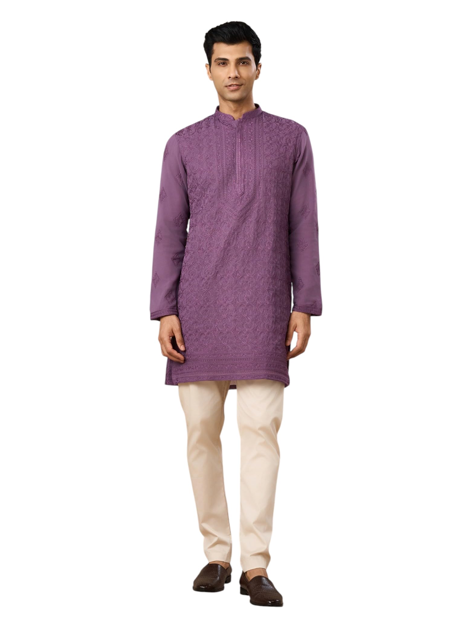 manyavar Men's Georgette Embroidered Mid-Length Kurta Trousers Set (2pcs)-picture-15