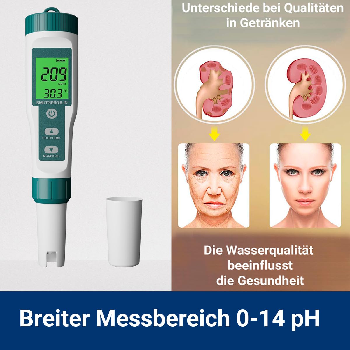Miernik pH 8 w 1 do wody, pH | TDS | EC | zasolenia | ORP | H2 | termometr z wyświetlaczem LCD, bardzo precyzyjny tester wody – do wody pitnej, napojów, basenu i akwarium