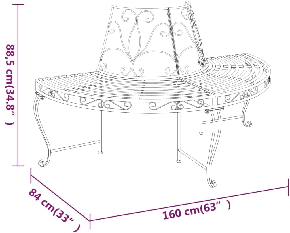 vidaXL Tree Bench Black Steel Half Round Decorative Inlays