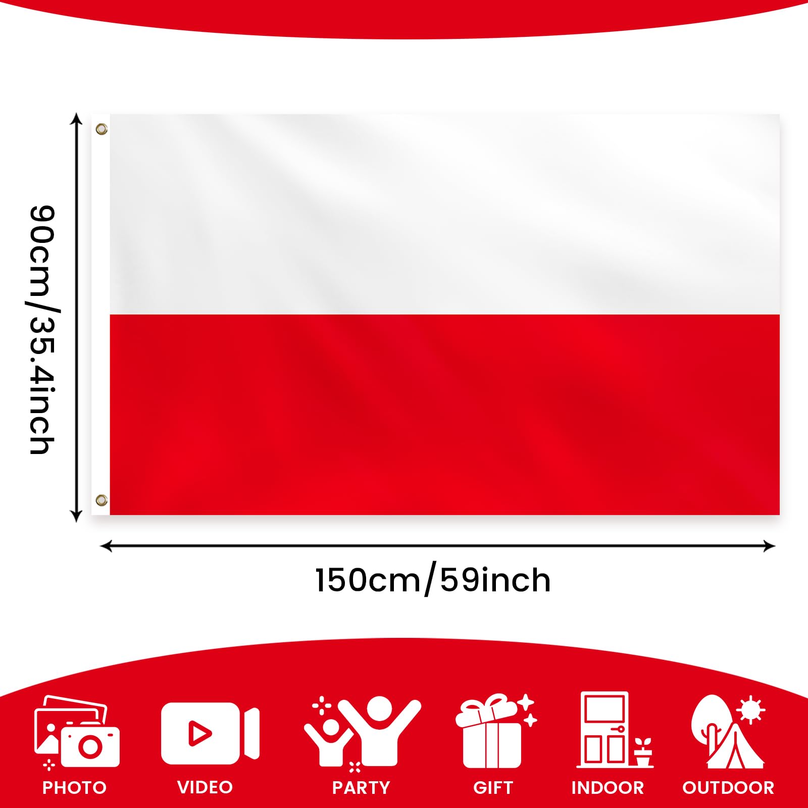 PartyYaa Polish Flag, 5ft x 3ft Poland Flag for Party Decoration Single Side with 2 Brass Eyelets, Waterproof - Image 2