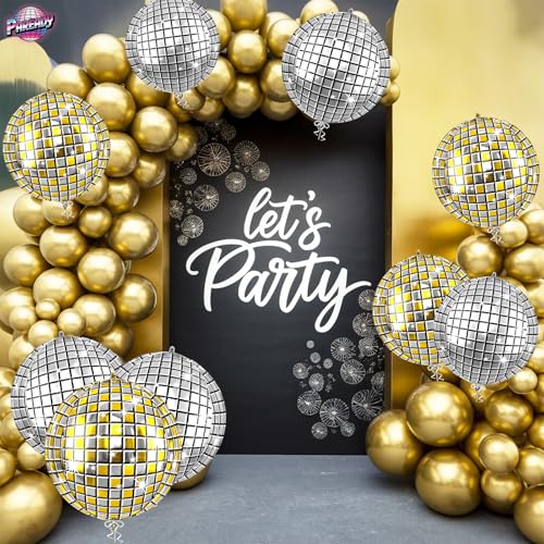 Image of 6pcs 22 Inch Gold and Silver Disco Ball Balloons, Silver Big Disco Balloons, Gold 4d Large Foil Aluminum Balloon For Birthday Baby Shower 70s 80s 90s Theme Party Wedding Engagement Graduation Decor