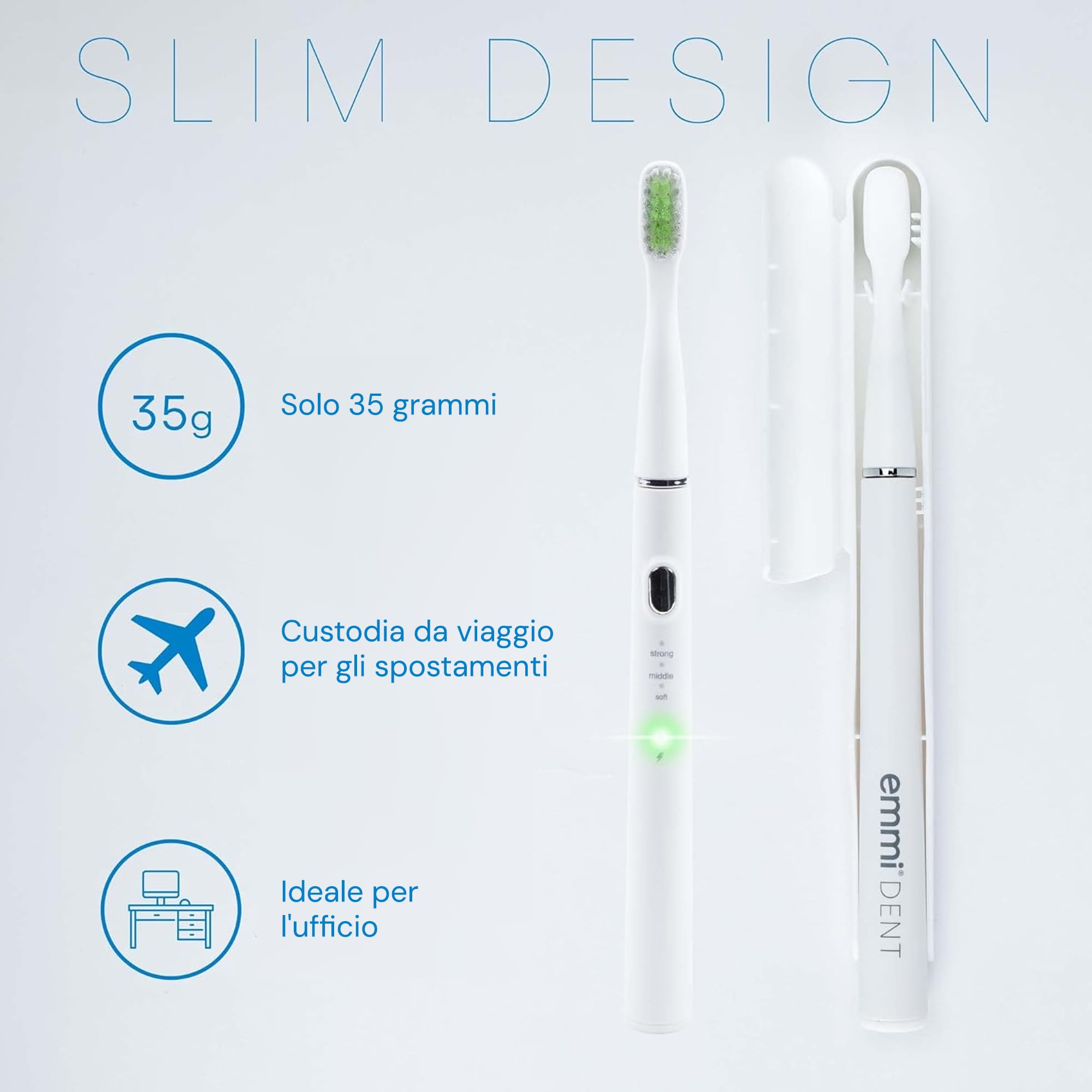 emmi-dent Sonic to go Spazzolino Elettrico sonico - 3 modalità di pulizia per la cura dei denti, adatto per viaggi e ufficio, fino a 25 giorni di durata della batteria - Spazzolino sonico da viaggio