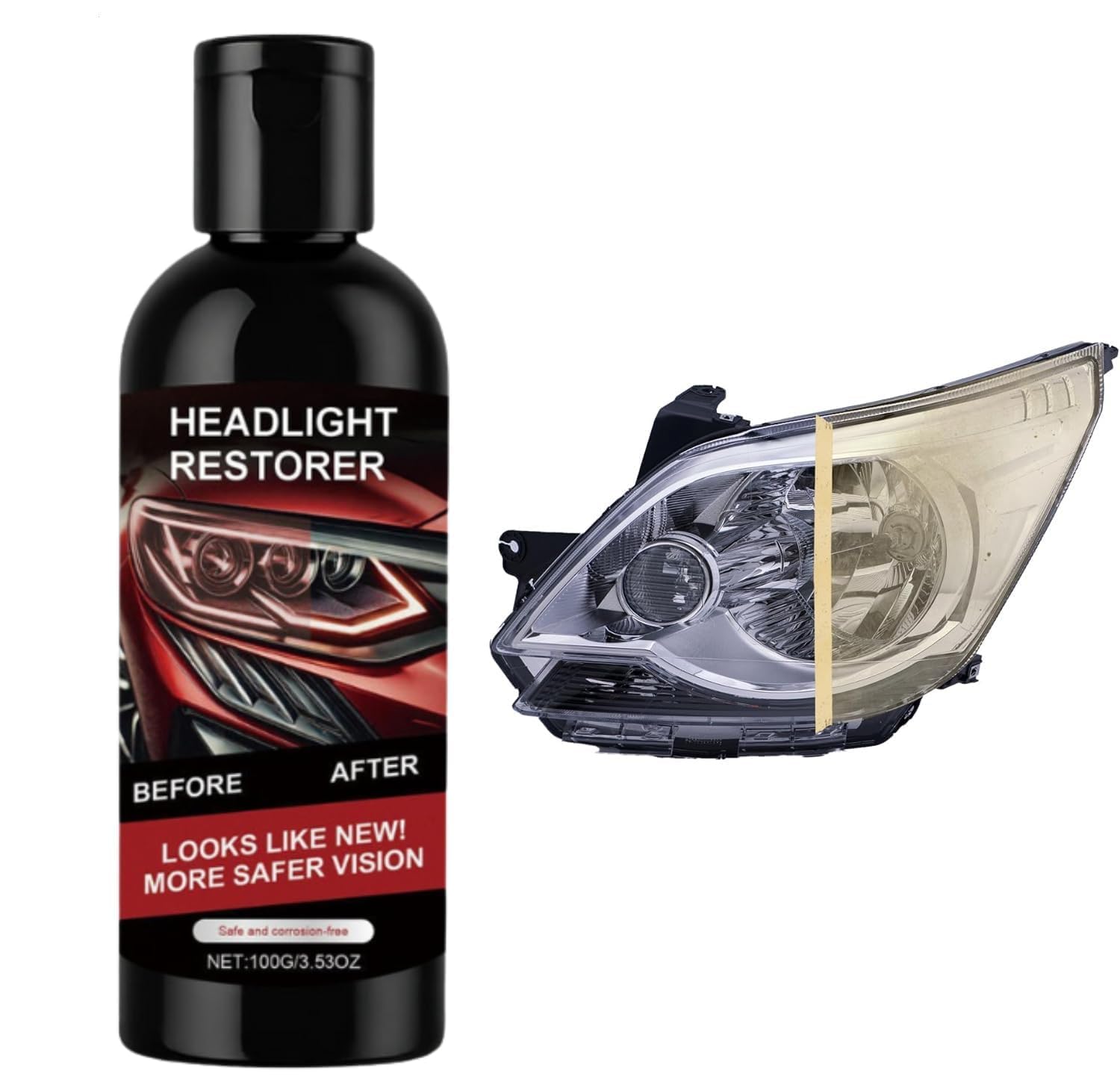 Car Headlight Restoration Kit – Clears Scratches, Dirt & Oxidation for Crystal Clear Headlights, Easy to Apply, Long-Lasting Shine,100ml Cleaner with Sponge & Cloth