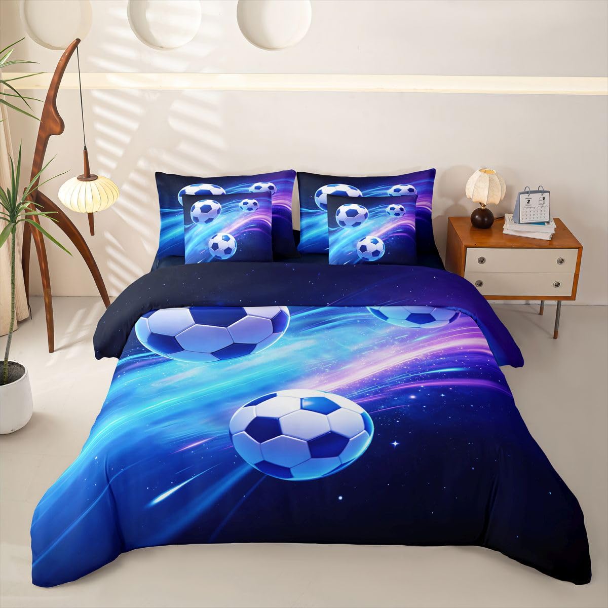 Loussiesd Juego de ropa de cama de 7 piezas para niños y niñas, juego de ropa de cama con funda de edredón, sábanas, fundas de almohada, fundas de cojín, tamaño doble, diseño de fútbol