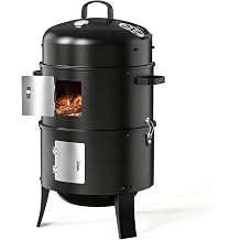 Smoker BBQ Charcoal Grill, 3-in-1 Barbecue Smoker with Temperature Gauge and Hanging Hooks, Outdoor Meat Smoker for Garden Camping Family Party