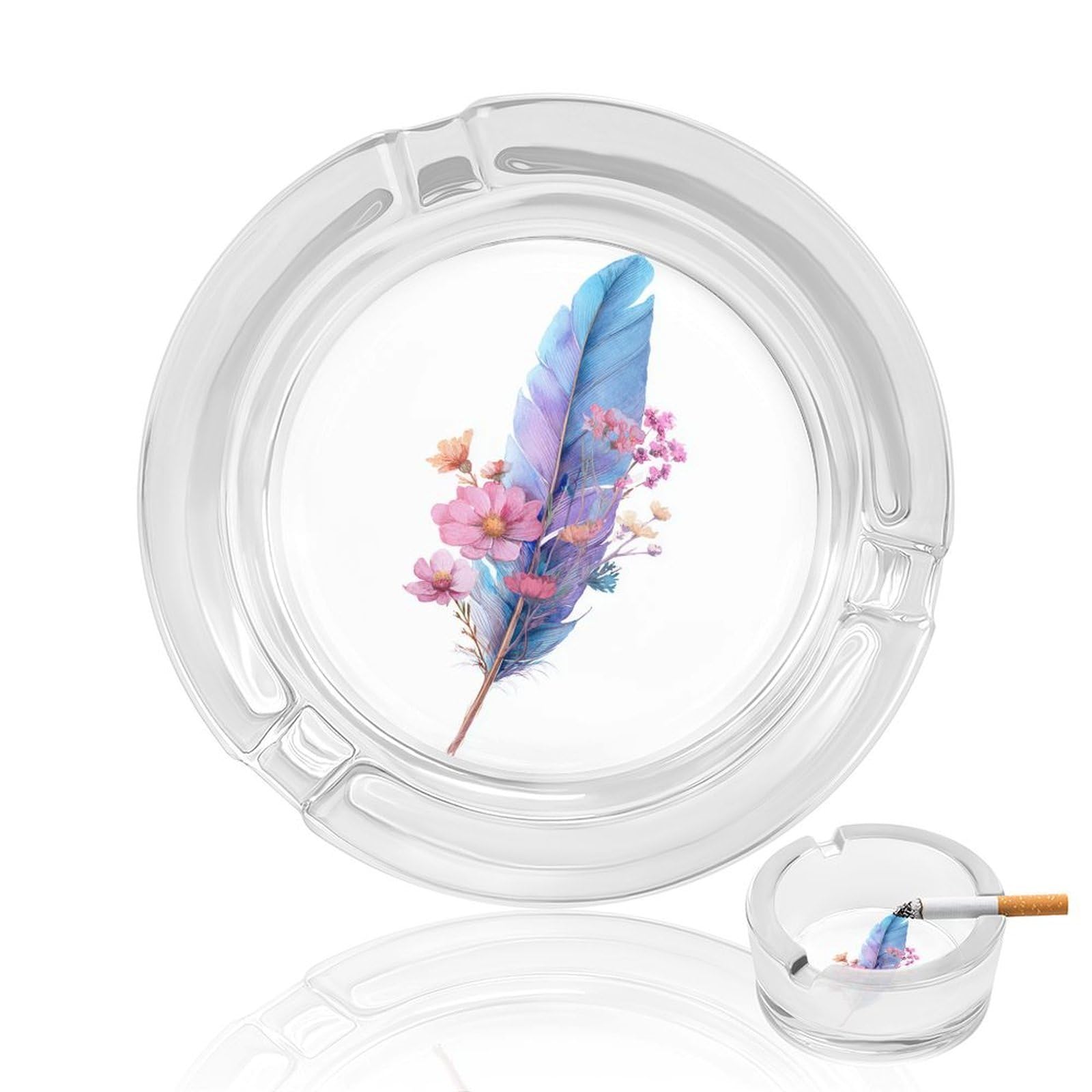 Watercolor Blue Feather with Wildflowers Glass Ashtray for Cigarettes Portable Decorative Ash Trays for Home Office Decor