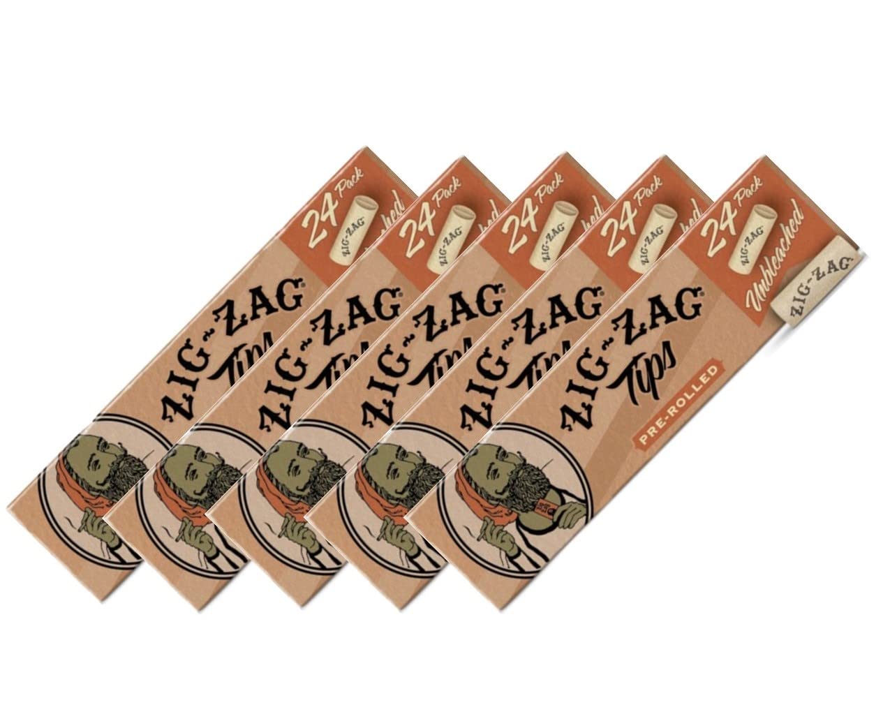 ZIG-ZAG Pre Rolled Rolling Paper Tips - Natural Raw Unbleached - 18mm - Biodegradable - Vegan-Friendly - 5 Packs of 24 (120 Tips) - Prerolled