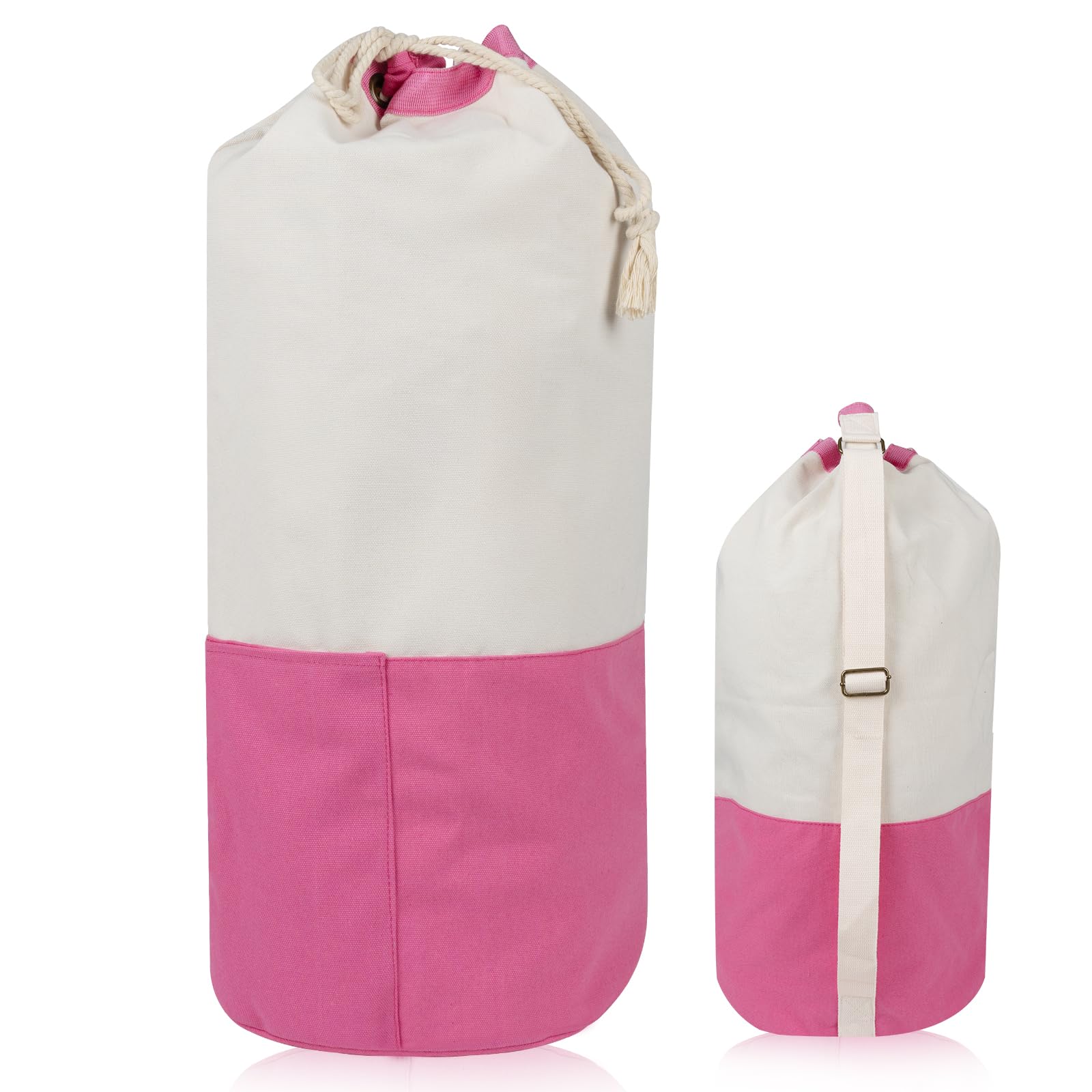 Single-shoulder backpack-style laundry bag with shoulder strap and pockets, made of durable canvas material, with drawstring closure design, suitable for college, travel, laundromats, and apartments.