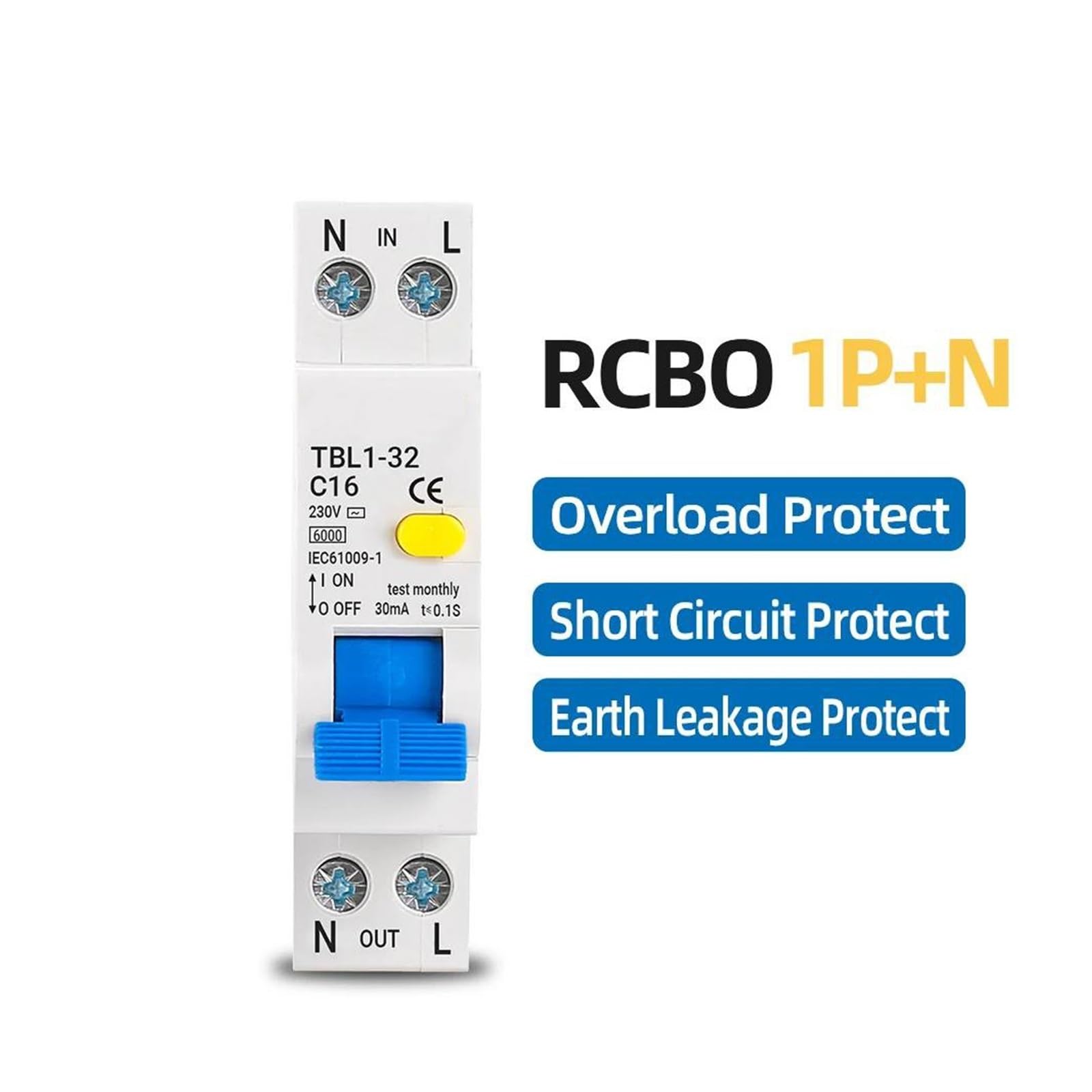 Interruttore automatico differenziale di corrente residua da 18 mm, 230 V, 50/60 Hz, RCBO 1P+N 6 KA, protezione da sovracorrente.(20A)