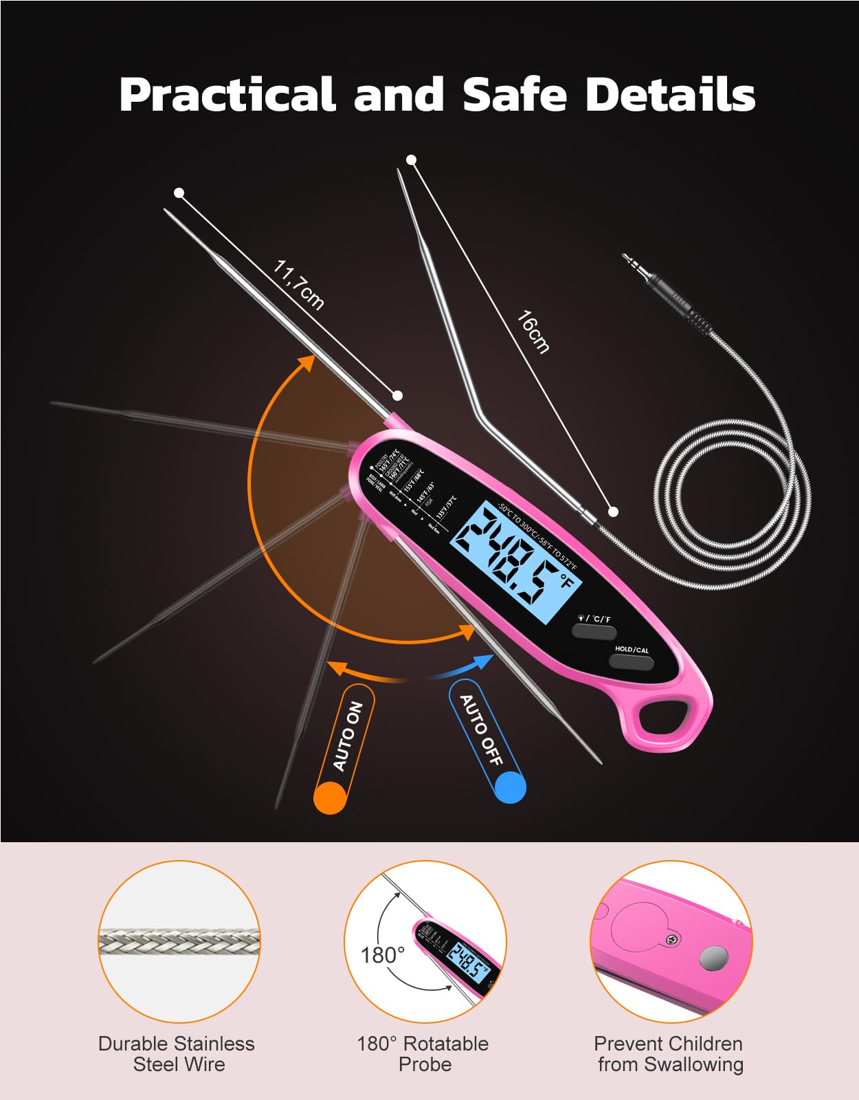 Termómetro digital de carne de lectura instantánea para cocinar y asar con doble sonda, pantalla retroiluminada grande y calibración automática, termómetro de alimentos para parrilla, ahumador