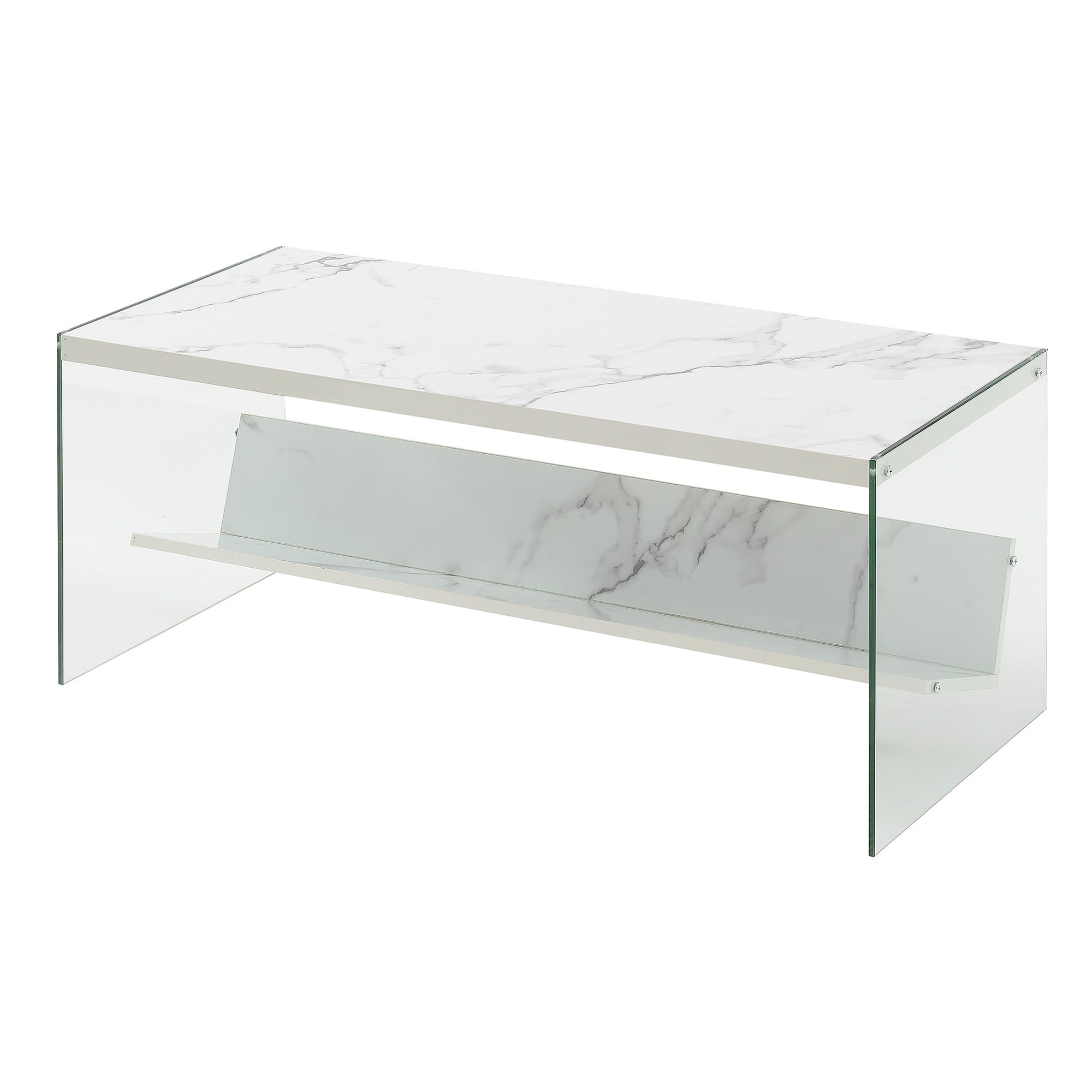 Convenience Concepts SoHo Glass Shelf Coffee Table, 40"L x 17.75"W x 17"H, Faux White Marble