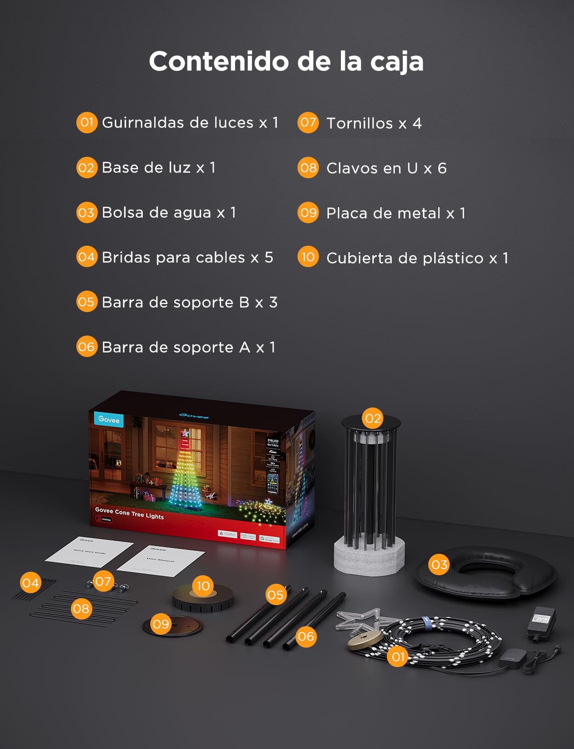 Govee Christmas Cone Tree Lights,1,82m 316 LED RGBIC, Negro | Control APP Inteligente, 82+ Modos de Escena, IP67 Resistente, Decoración Halloween y Navidad, Modo Música