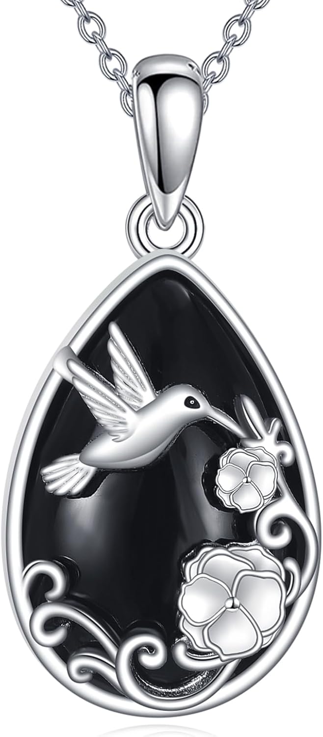 KQF Hummingbird Necklace for Women 925 Sterling Silver Black Onyx Pendant Filigree Hummingbird Jewelry Gifts for Women