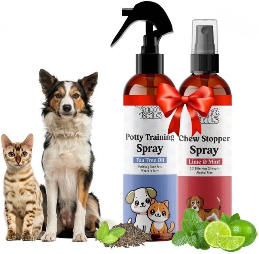 - Pet Training Spray Set, Tea Tree Oil Potty Training and Lime Mint Chew Stopper Spray, Alcohol-Free Formula for Dogs and Cats, 2-Pack