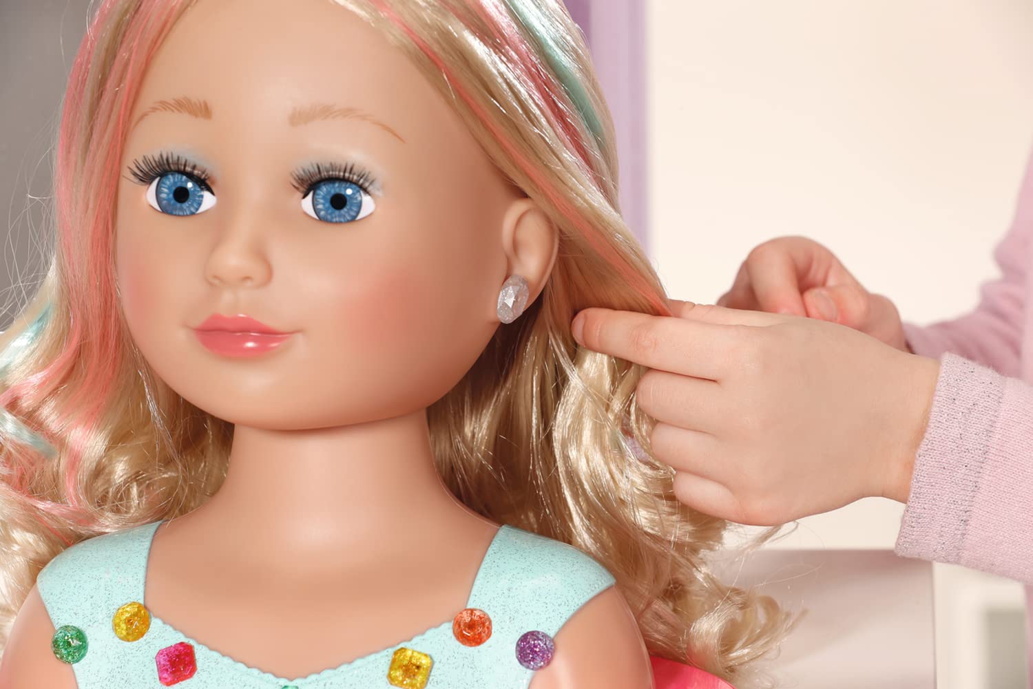 BABY Born Styling Head Głowa do Makijażu dla Dzieci z Długimi Blond Włosami, Paleta, Szczotka i Akcesoria